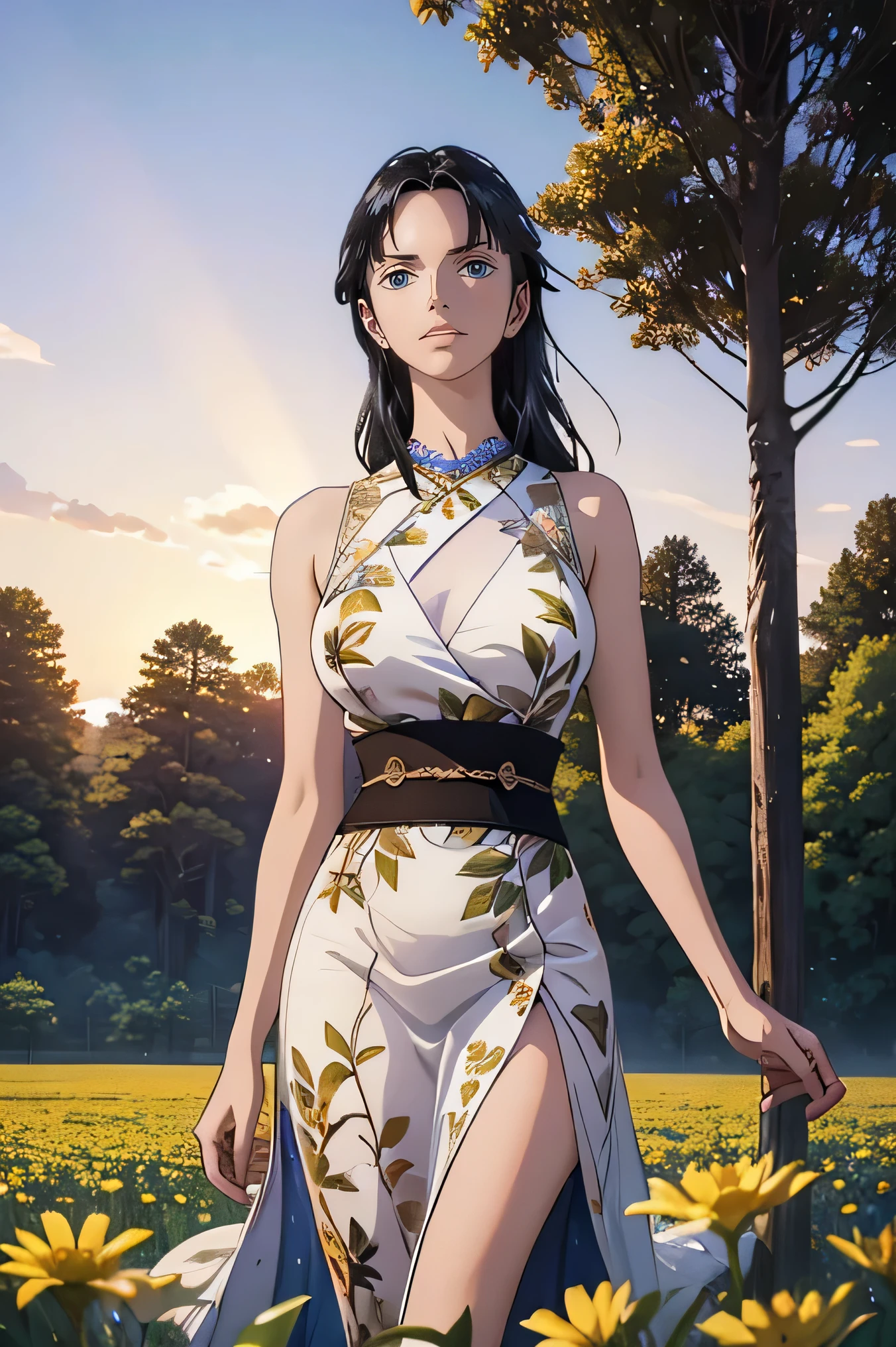 Outdoors, the sky, the halo, divine light shines from all directions,Masterpiece, highest, quality, high resolution and high quality detailed,Awesome beautiful woman. Sacred and solemn ornaments, wrists, neck, and waist.Goddess Physis. Dressed in a transparent yellow tunic, adorned by floral and natural elements. Small breasts. In the background, a beautiful field of wildflowers. Realistic photo. Ultrareal. RAW PHOTOS