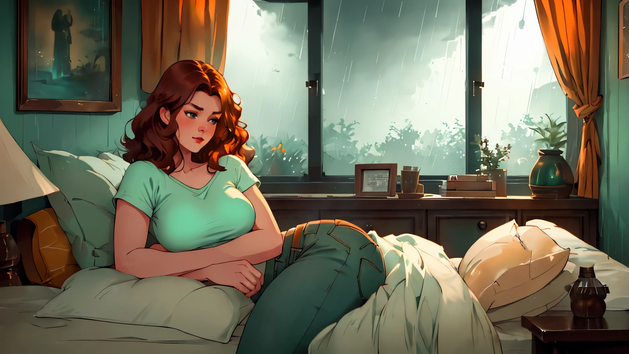 "A cozy and cinematic bedroom with a dark, rainy atmosphere featuring A woman medium boobs with short wavy auburn hair, wearing a lush green top and fit jeans laying on the bed. The room is illuminated by moody neon lights in shades of warm orange and teal, casting a soft glow on the walls. A vintage classic TV is playing static or an old movie, adding a nostalgic touch. Through the large glass window, heavy rain is visible, with water droplets streaming down the glass, creating a calming ambiance. The room features minimalistic furniture, with a comfortable bed and a small nightstand. The scene is rich with detail, evoking a sense of solitude and serenity."
