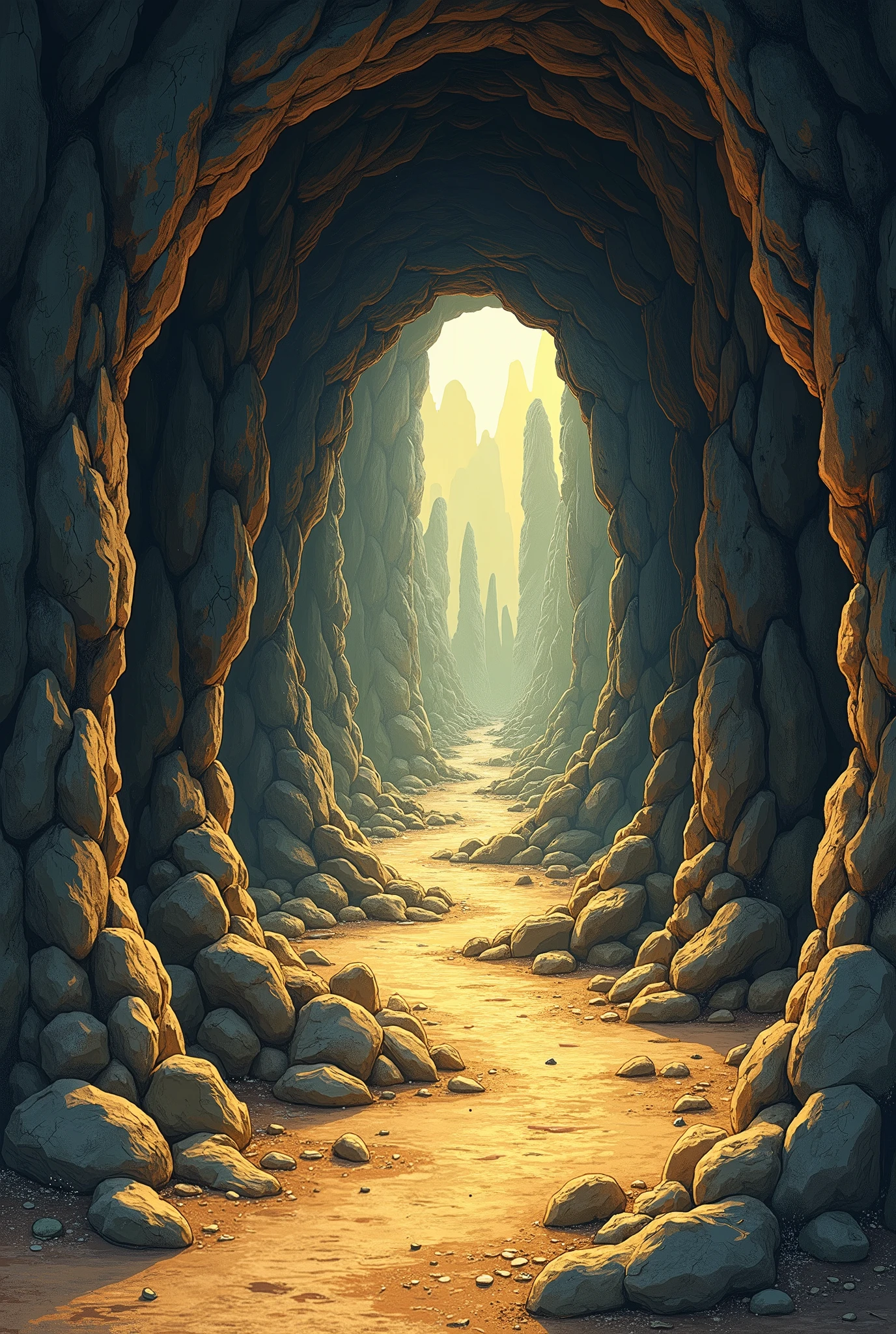 Caving Comics There is a painting of a cave with a man walking through it - SeaArt AI