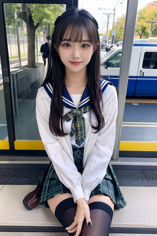 A standing girl whose whole body is reflected、highest quality、face focus、soft light、(Depth of bounds written)、Super high resolution、School Uniform、JK、high school girl uniform、(Photoreal:1.4)、Raw photo、(on lap:1.4)、standing position, (full of embarrassment、laughter:1.1)、(brown eyes)、detailed beautiful face、(hair length)、high angle shot、center view、Two arafe asian women standing on a neon street at midnight、Phenomenally cute girl、japanese girl、surreal high school girl、high school girl pose、Full body Esbian、nice skin、glowing skin、nice thighs、Shining thighs、shining legs、on lapの黒いハイソックス、Japanese high school 、Nogizaka Idol、korean idol、please invite me inside、((inviting eyes))