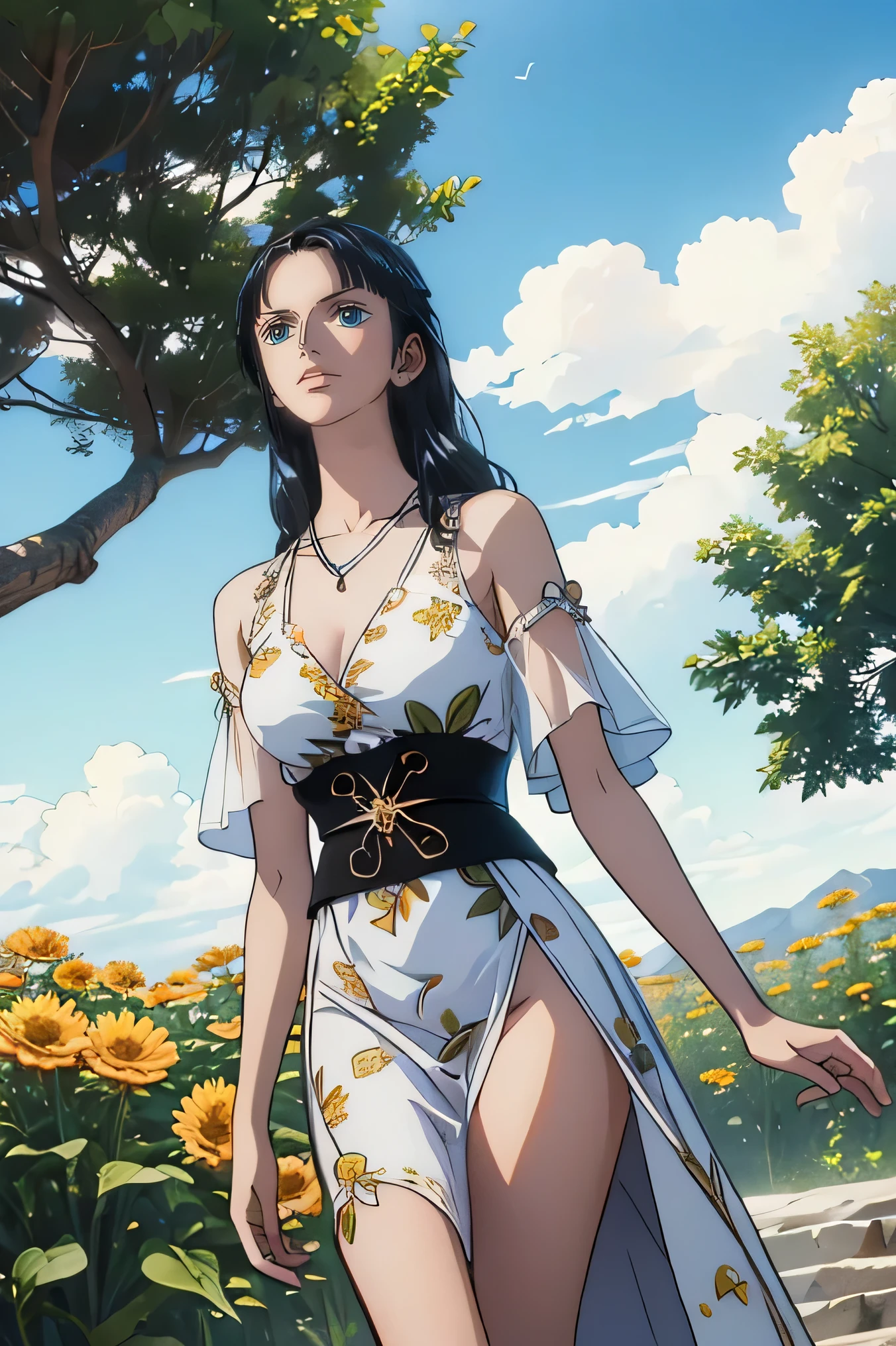 Outdoors, the sky, the halo, divine light shines from all directions,Masterpiece, highest, quality, high resolution and high quality detailed,Awesome beautiful woman. Sacred and solemn ornaments, wrists, neck, and waist.Goddess Physis. Dressed in a transparent yellow tunic, adorned by floral and natural elements. Small breasts. In the background, a beautiful field of wildflowers. Realistic photo. Ultrareal. RAW PHOTOS