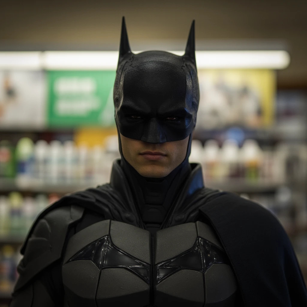 a man in a batman costume standing in a store, detailed background, cinematic shadows, cinematic dark color, chiaroscuro style, perfect cinematic image, perfect body, perfect anatomy, sharp image, detailed image, high quality photography, cinematic skin tone color, cinematic skin pore, cinematic photography style, dark cinematic style, male, closed mouth, upper body, solo focus, blurry, cape, armor, blurry background, mask, black cape, superhero