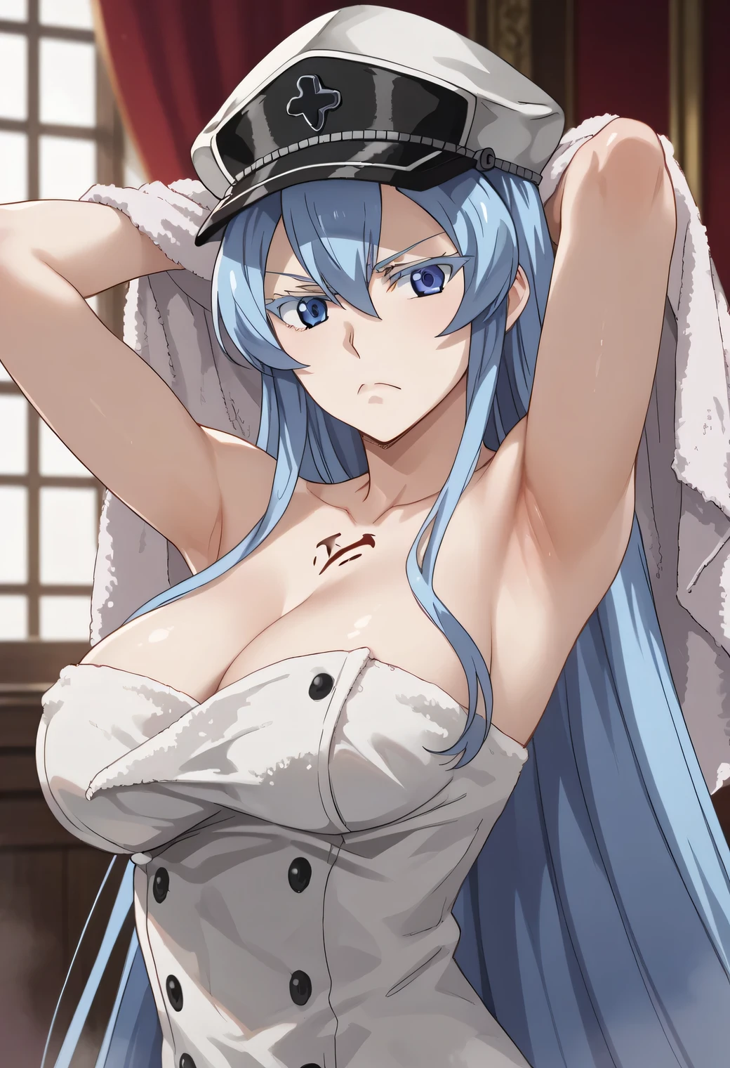 esdeath, blue eyes, blue hair, long hair, large breast, eyelashes, red face,  standing, neckline, Pecho enorme, clavicle, frown, towel, inner, Looking at the viewer, cowboy shot, arms up, armpits,, hat