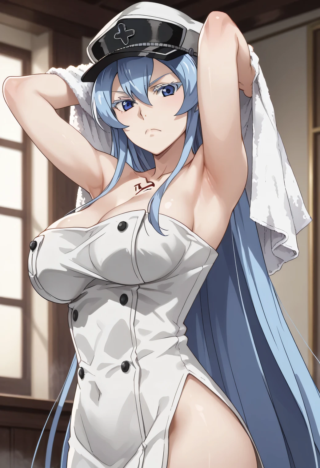 esdeath, blue eyes, blue hair, long hair, large breast, eyelashes, red face,  standing, neckline, Pecho enorme, clavicle, frown, towel, inner, Looking at the viewer, cowboy shot, arms up, armpits,, hat