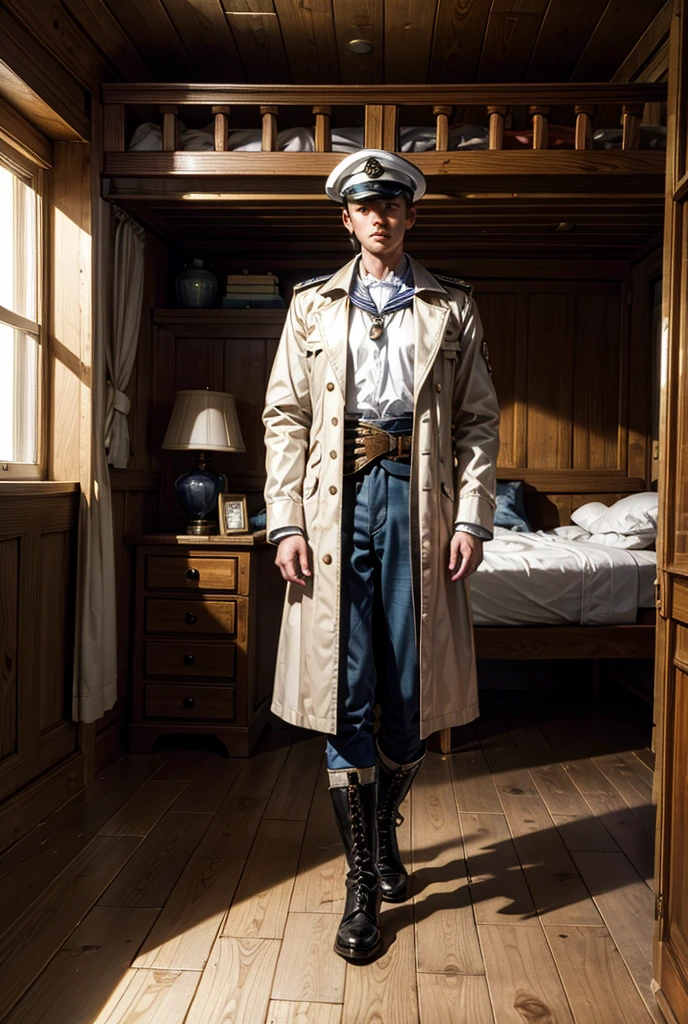 "A detailed historical painting of a sailor’s bunk inside the Mary Celeste, with clothes folded neatly, a hat resting on a chest, and a pair of boots beside the bed."