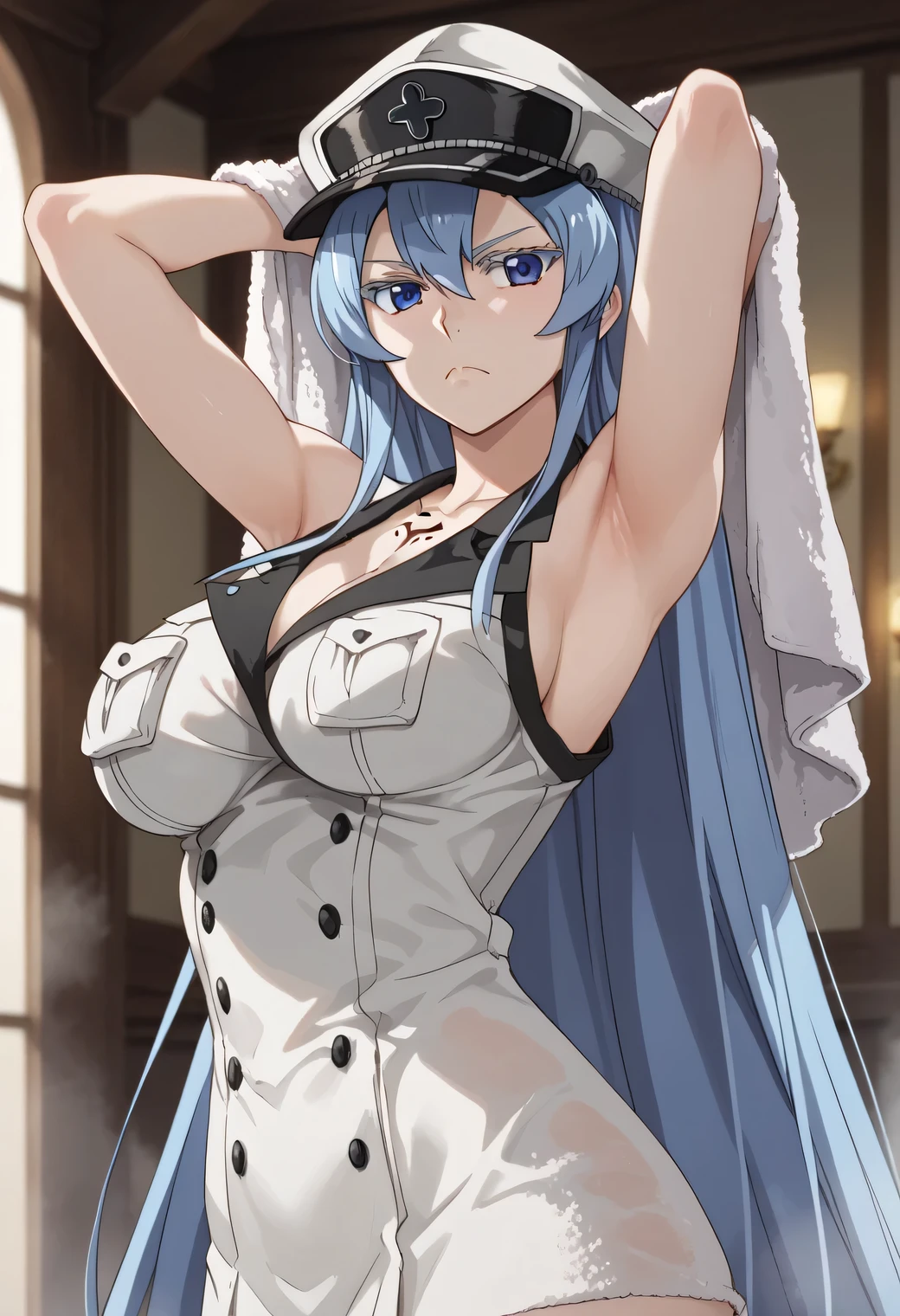 esdeath, blue eyes, blue hair, long hair, large breast, eyelashes, red face,  standing, neckline, Pecho enorme, clavicle, frown, towel, inner, Looking at the viewer, cowboy shot, arms up, armpits, hat