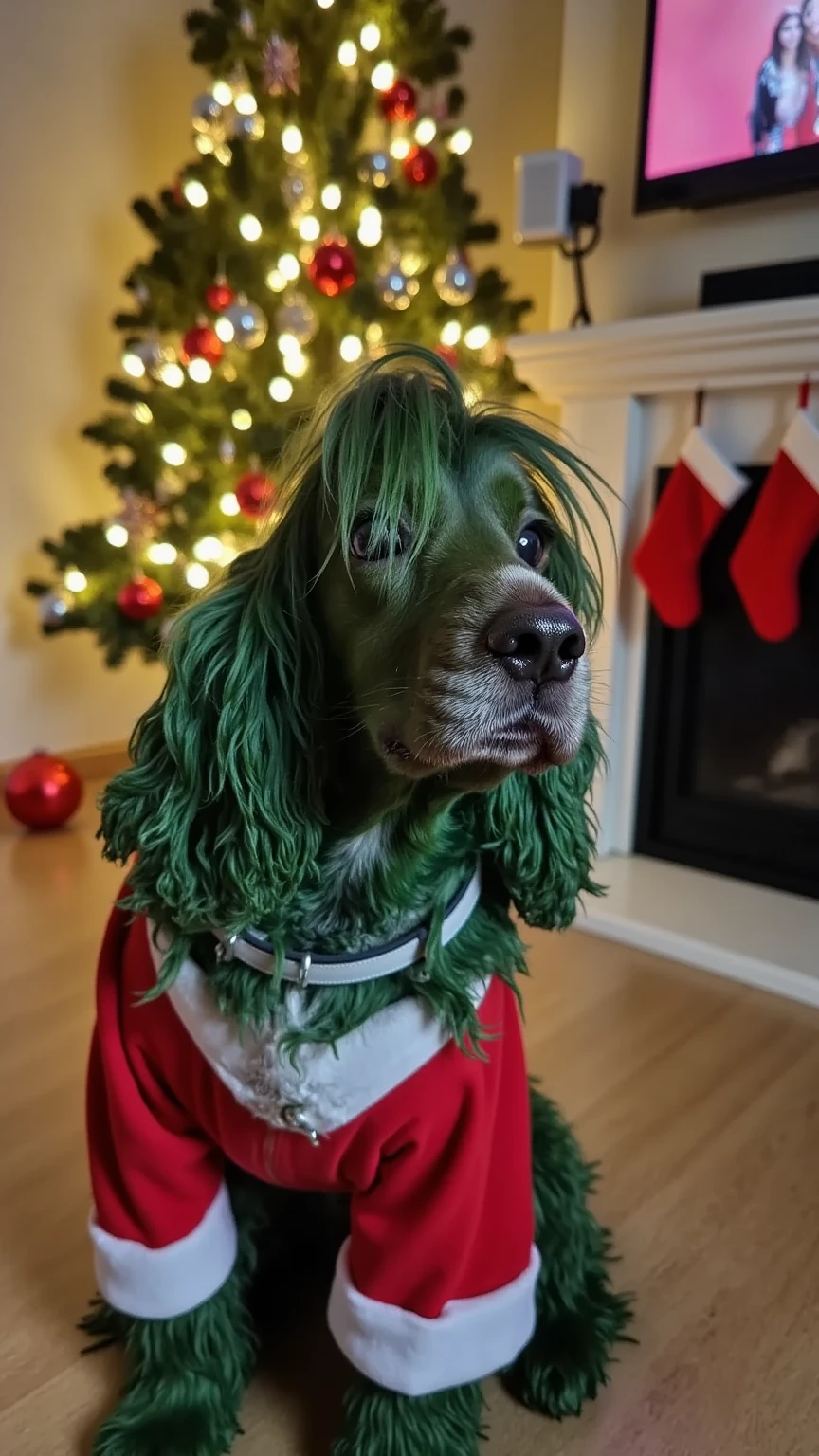 A cute dog with green, fluffy fur resembling the Grinch, dressed in a festive red and white Santa outfit. The scene is set in a cozy, warmly lit living room with a beautifully decorated Christmas tree, glowing fairy lights, and stockings hanging by a fireplace. The dog's fur is highly detailed, with every strand of hair textured to perfection. Photorealistic, heartwarming atmosphere.
