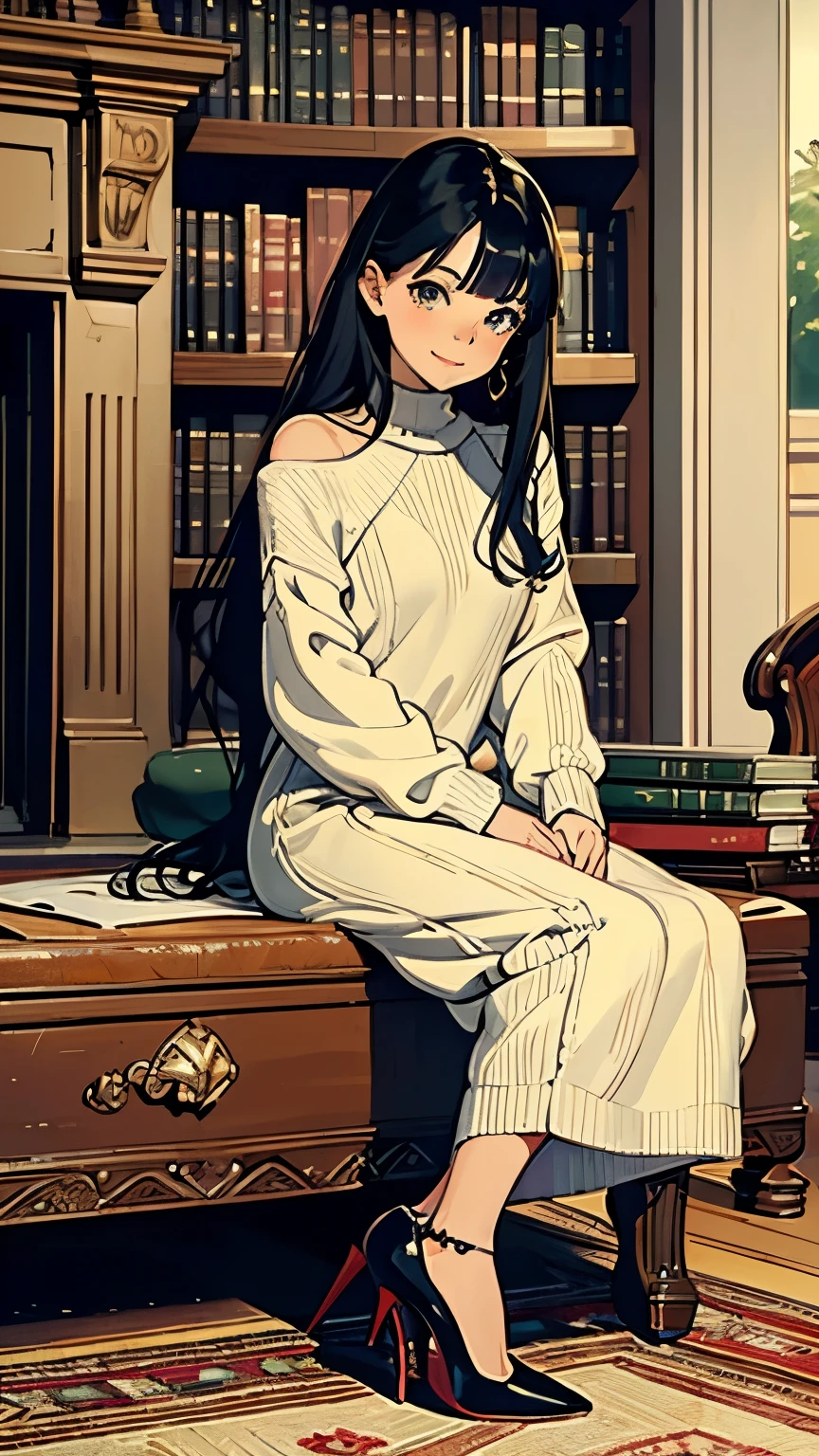    ((masterpiece, high resolution, better quality, better details)), ((Smiling)), ((one girl)) va girl sorting files in a cabinet, full body, wearing a maxi skirt, long skirt, ((long skirt without openings)), paired with a professional blouse, ((Louboutin high heels)), green eyes, ((black hair, long hair)), shiny skin, ((side view)), solo, from the side, full body, focus full body, in an office setting