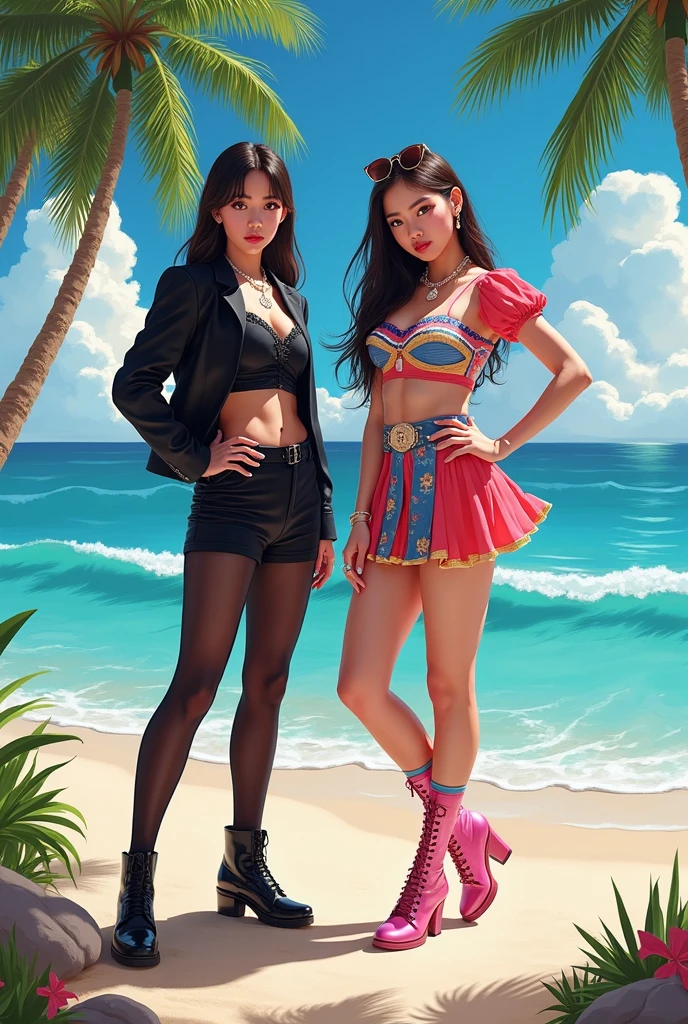 a cartoon of two women in costumes with one pointing at the other, in jojo\'s bizarre adventure, bizzare adventures of jojo, urusei yatsura, jojo\'s bizarre adventure, jojo's bizzare adventure, jojo bizarre adventure, gainax anime style, jojo's bizzare adventure!!, jojo's bizarre adventures, jojo anime style