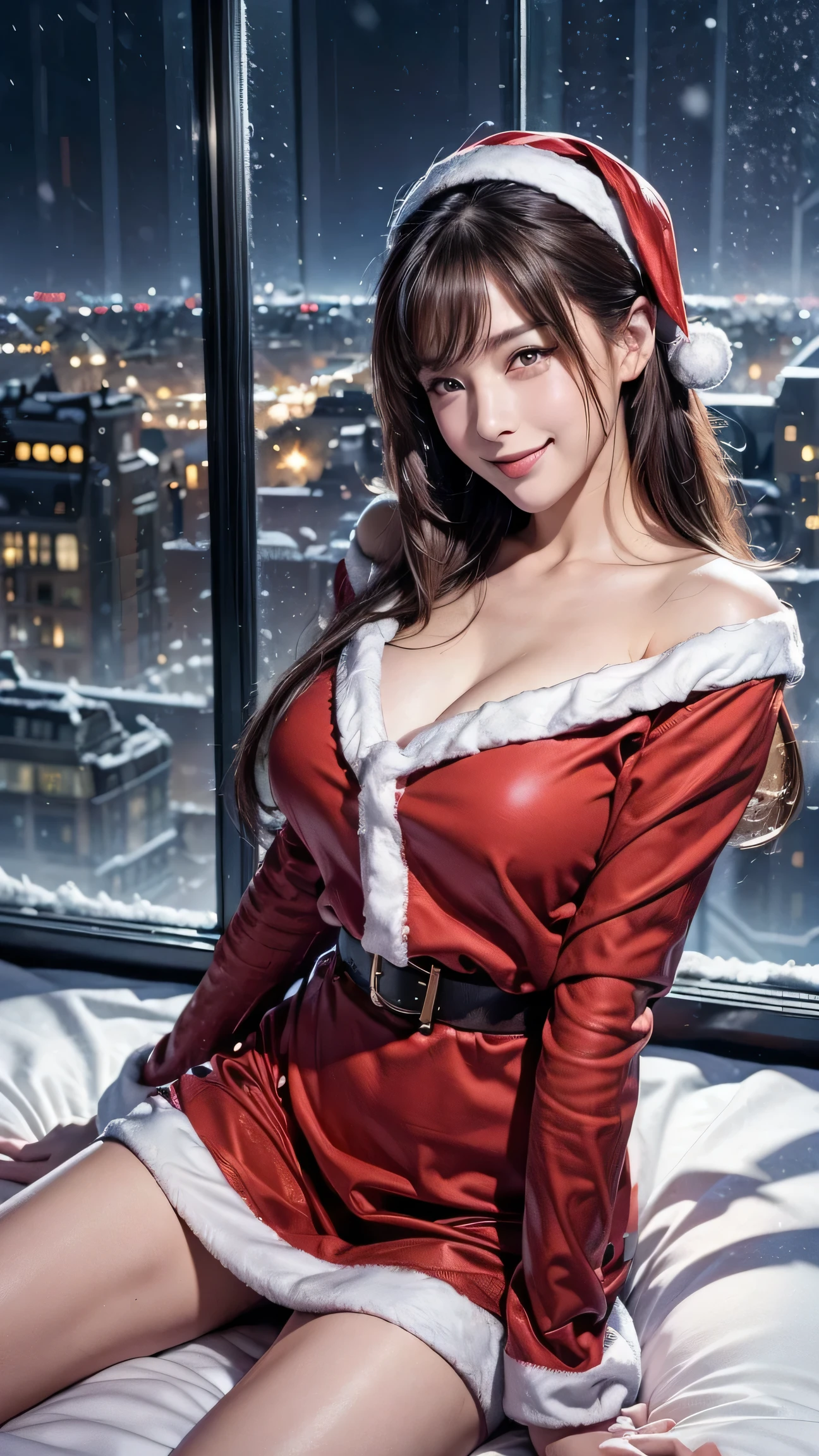   Masterpiece  ,  top quality ,  illustrations,  ultra detail ,  detailed,  High Definition , 8k wallpaper, Perfect dynamic composition,  SEXY WOMEN 、 beautiful detailed eyes ,  opening mouse ,  old man with sexy face , Expression Full of Joy at Climax , Face at Peak Sexual Arousal ,  Look at the Viewers 、((smile))、 (( Christmas costume))、(( dark background )),  in Mark Demsteder's style，(( Luxury Hotel Bedroom ))、((Night view of the city with snow falling on the window ))、