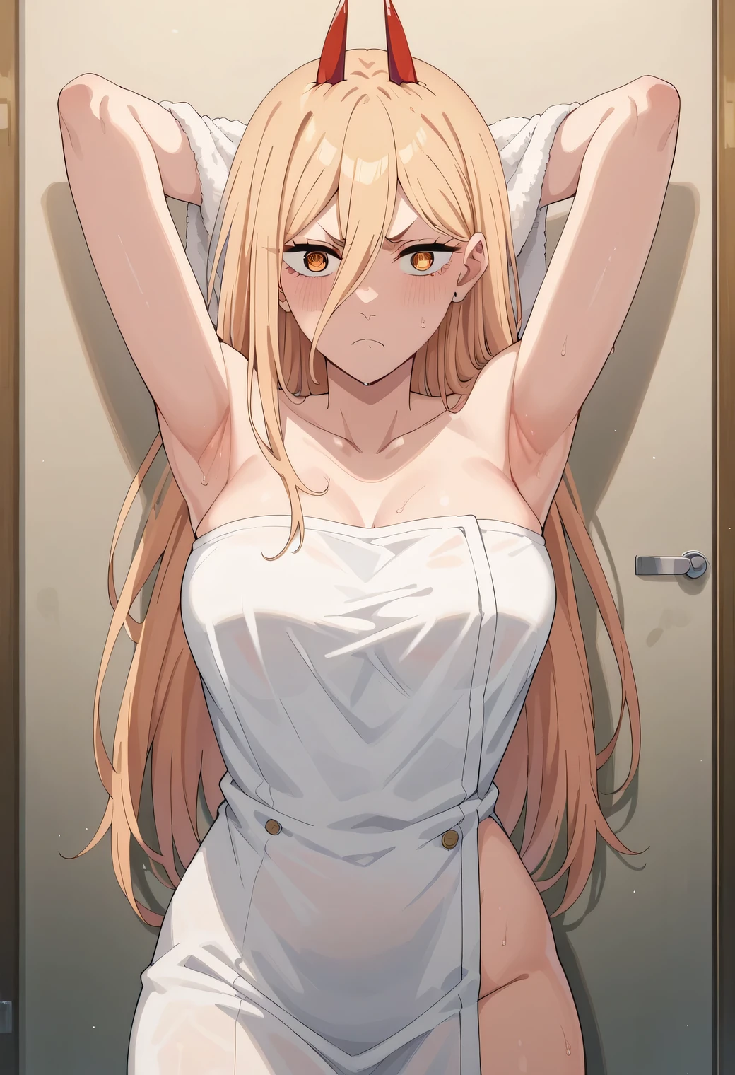 score_9, score_8_up, score_7_up, score_6_up, score_5_up, score_4_up, BREAK adult, 1girl, p0w3r0x1, long hair, blonde hair, red horns,demon pupils, standing, neckline, Pecho enorme, clavicle, frown, towel, inner, Looking at the viewer, cowboy shot, arms up, armpits