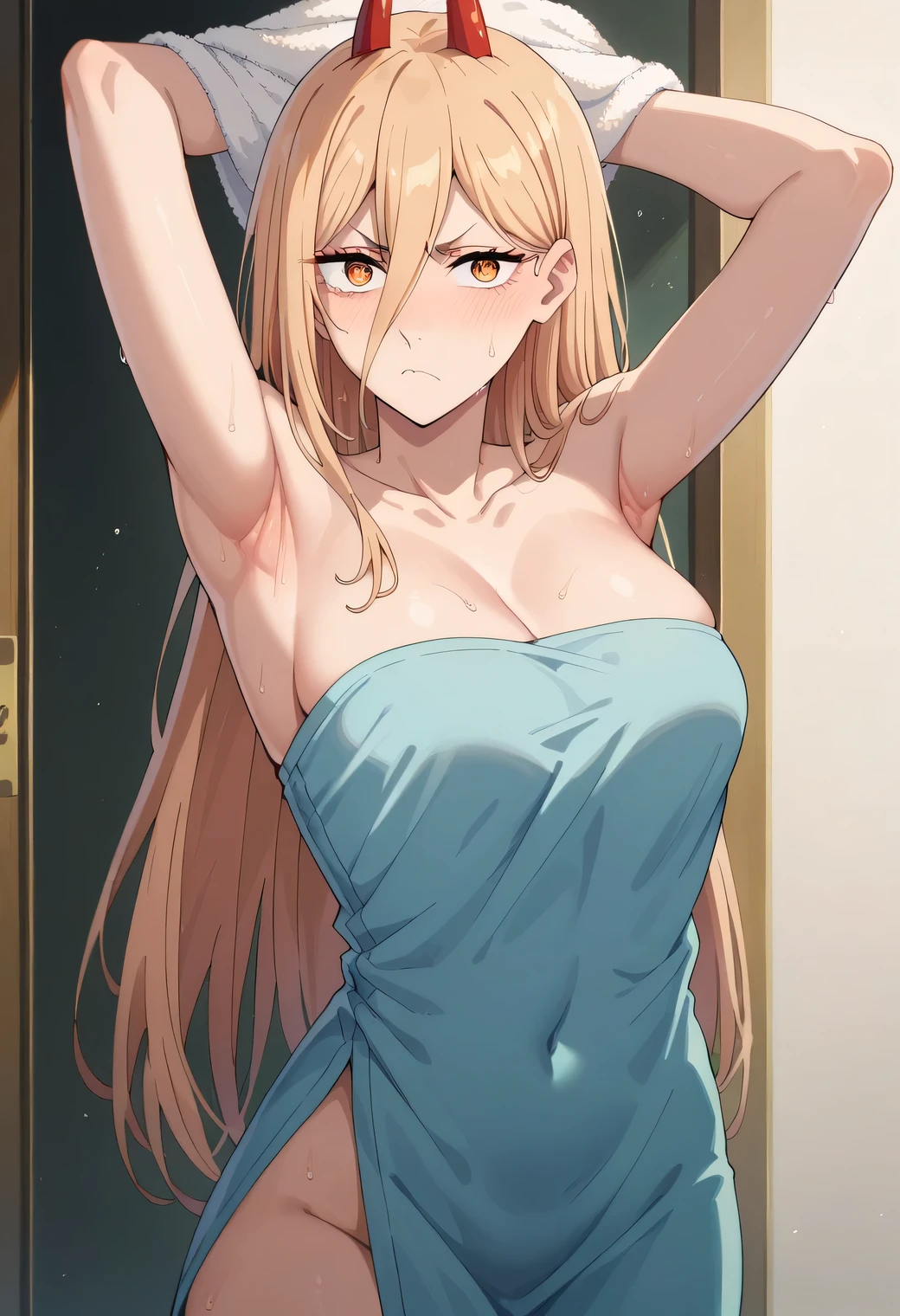 score_9, score_8_up, score_7_up, score_6_up, score_5_up, score_4_up, BREAK adult, 1girl, p0w3r0x1, long hair, blonde hair, red horns,demon pupils, standing, neckline, Pecho enorme, clavicle, frown, towel, inner, Looking at the viewer, cowboy shot, arms up, armpits