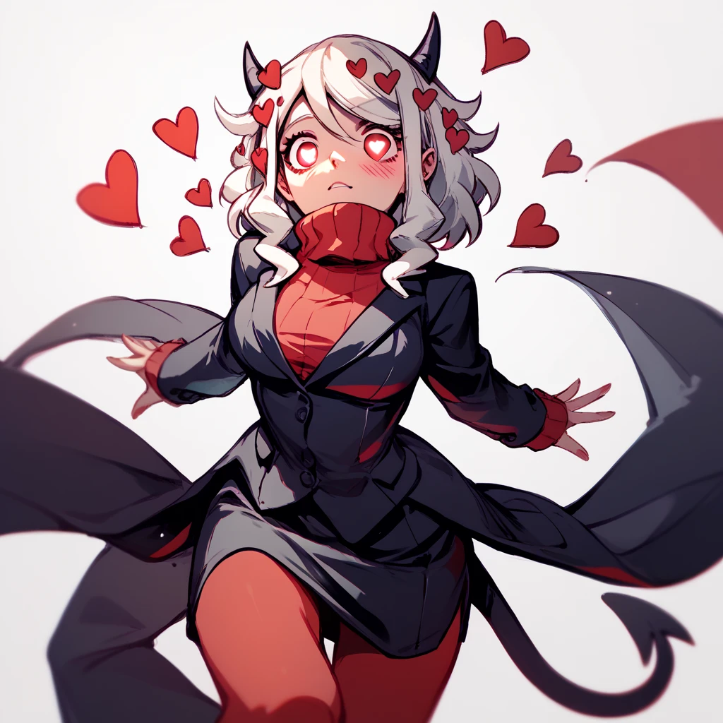 htmodeus, black horns, demon horns, heart-shaped pupils, demon tail, formal, black suit, black jacket, long sleeves, red sweater, turtleneck sweater, sleeves past wrists, black skirt, red pantyhose, sketch