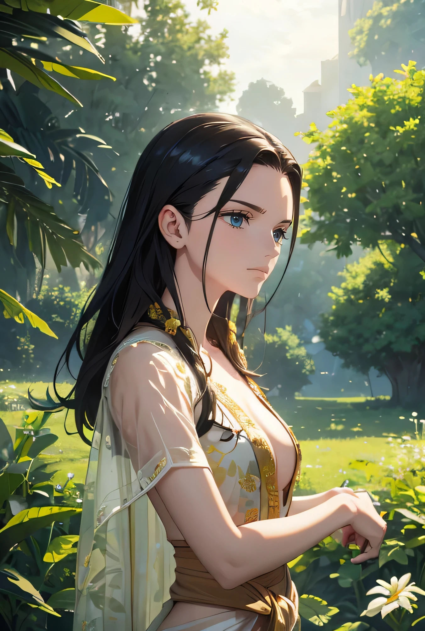 Outdoors, the sky, the halo, divine light shines from all directions,Masterpiece, highest, quality, high resolution and high quality detailed,Awesome beautiful woman. Sacred and solemn ornaments, wrists, neck, and waist.Goddess Physis. Dressed in a transparent yellow tunic, adorned by floral and natural elements. Small breasts. In the background, a beautiful field of wildflowers. Realistic photo. Ultrareal. RAW PHOTOS