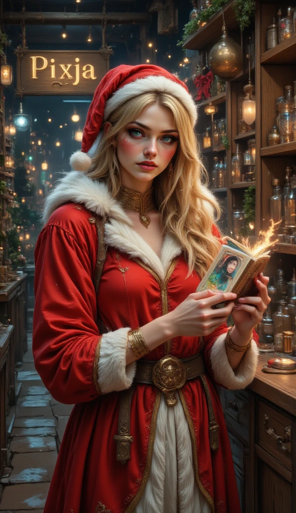 masterpiece, 8k, HDR, 3D, best quality, photograph, analog style, real life, extremely beautiful, (highly detailed, intricately detailed), (highly detailed skin), (alluring eyes), An image of (1female), long straight blonde hair, blue eyes, mascara, bright red lips, dressed as Santa Claus, looking at the viewer, with eyes full of excitement, carefully choosing different images for the Christmas gifts she is preparing. Each image she adds has a special and unique touch, transforming simple images into works of art full of love and care. The shop has a sign that says "Pixja" the text is "", creating a perfect atmosphere of warmth and creativity