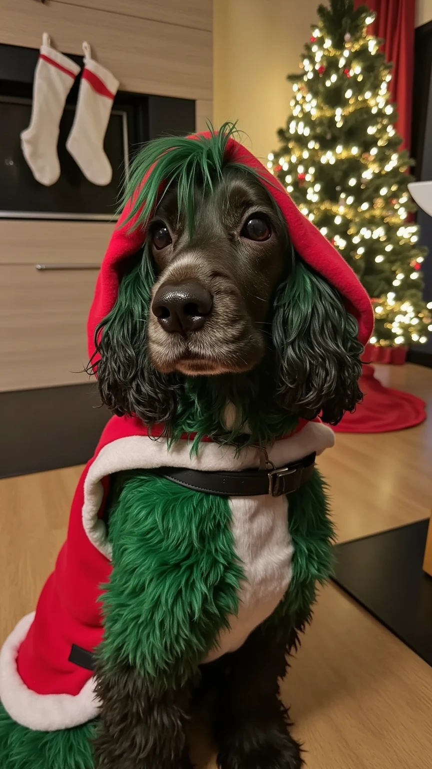 A cute dog with green, fluffy fur resembling the Grinch, dressed in a festive red and white Santa outfit. The scene is set in a cozy, warmly lit living room with a beautifully decorated Christmas tree, glowing fairy lights, and stockings hanging by a fireplace. The dog's fur is highly detailed, with every strand of hair textured to perfection. Photorealistic, heartwarming atmosphere.
