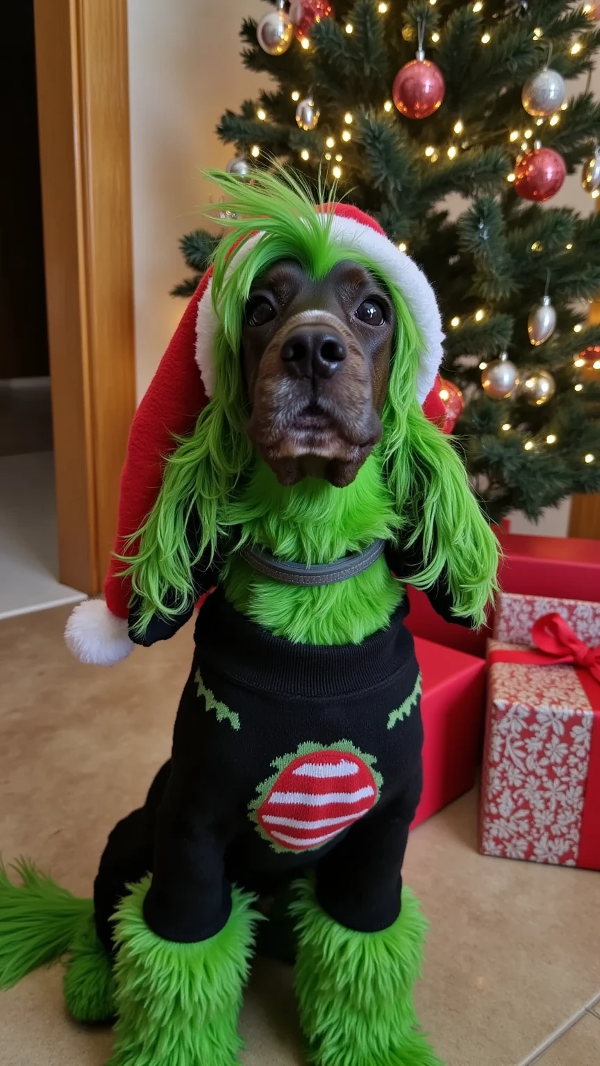 A realistic depiction of a dog with green Grinch-like fur, wearing a Christmas-themed sweater and a Santa hat. The setting is a cozy home filled with holiday cheer, featuring a glowing Christmas tree, wrapped presents, and soft lighting. The fur texture is immaculate, capturing every detail of its fluffy, slightly messy appearance. Cinematic lighting enhances the warmth and realism of the scene.
