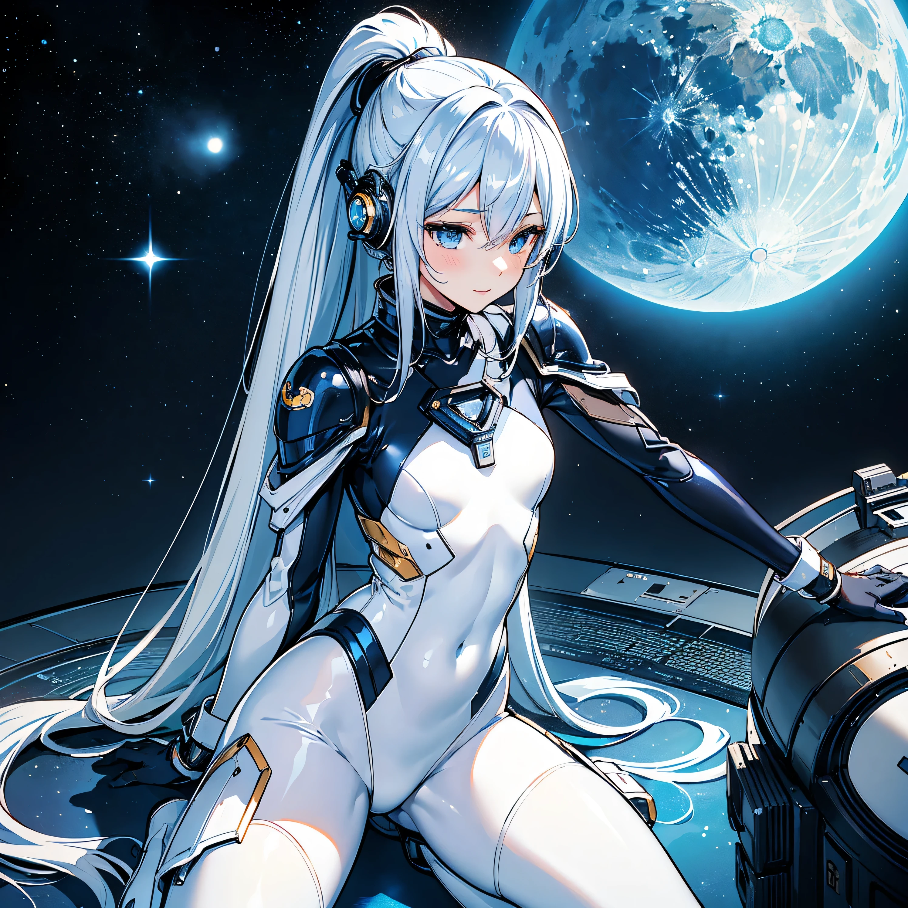 Slender beautiful girl、(White and blue futuristic space station background):1.2、Tight-fitting bodysuits of the near future、hight resolution、top-quality、The ultra-detailliert、Fine details、Does not blush cheeks、knee high、Undersized breasts、shorth hair、head phone