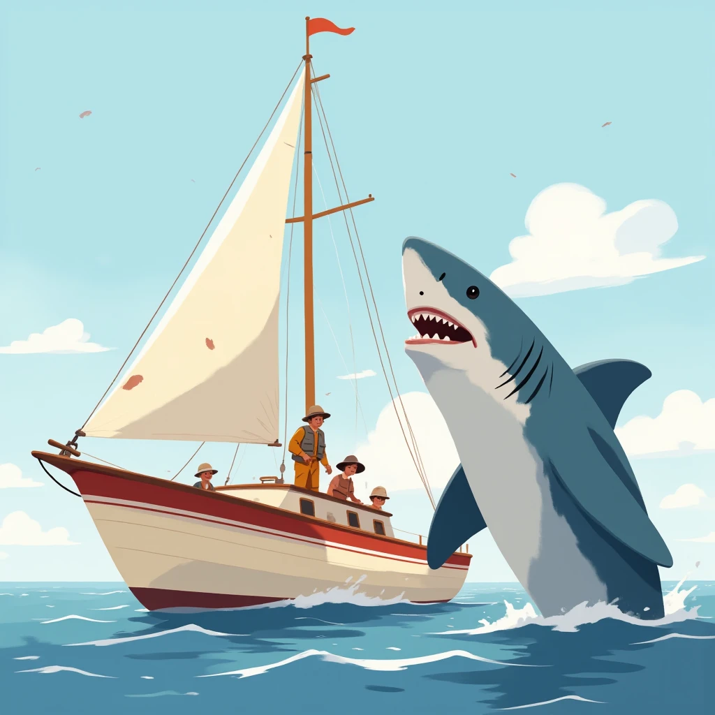 Flat detail of a smiling shark next to a sailboat , people and ren dressed in fishing clothes greet the shark, The sailboat is cream-colored ,  with a red stripe on the top of the bow, , alta definición, Sunny day, calm sea,
