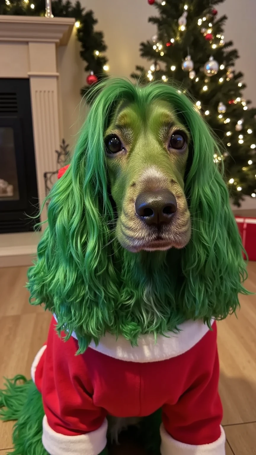 A festive dog with fluffy green fur styled like the Grinch, sitting proudly in front of a twinkling Christmas tree. The dog is dressed in a red Christmas outfit with white trim, and the room is decorated with warm holiday touches like garlands, candles, and a crackling fireplace. The fur is hyper-realistic, with detailed textures and soft reflections in the light. Ultra-realistic, cozy, and charming.
