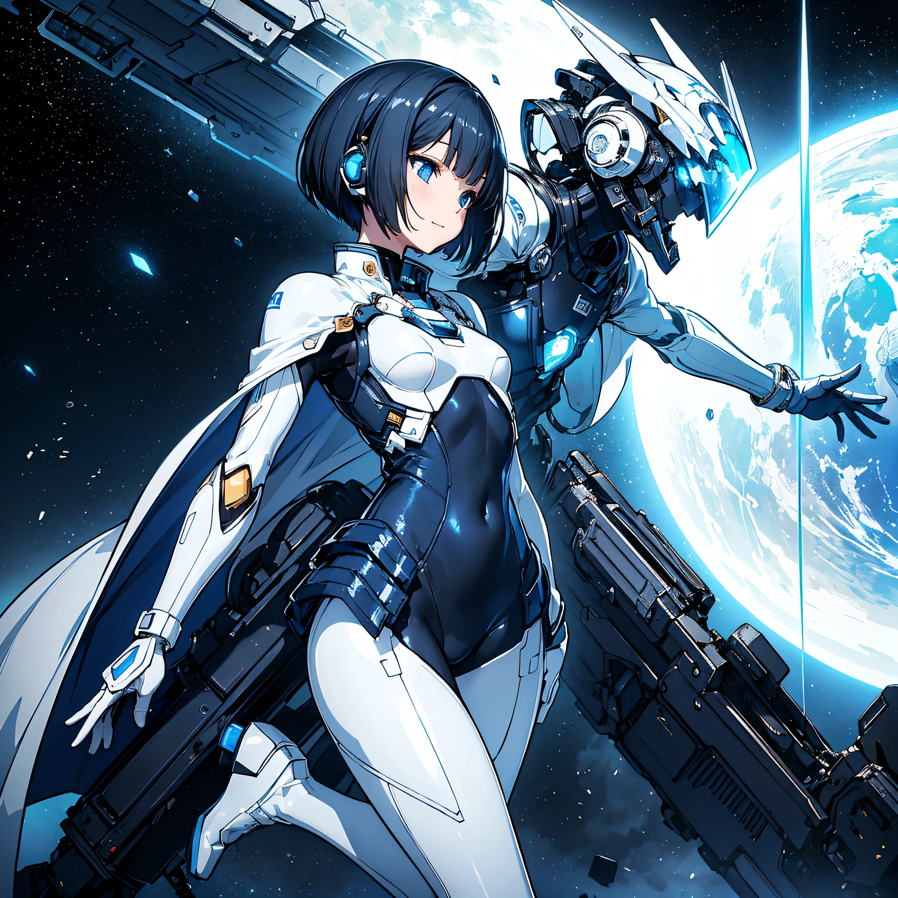 (masterpiece、 top quality 、 highest resolution、 clear_image、 Detailed Details): (Whole body、A 20 year old girl、Japanese Faces、 small face、 slender、 dark blue super short bob cut hair、(Hidden small breasts:1.3)、Sparkling blue eyes 、 white, blue, and black shiny pilot suit、Chest protection armor、Tight fitting clothes、Clothing that covers the whole body、Glamorous clothes、 tight fit pants 、Hide your skin、 very delicate and beautiful、Detailed Skin、Hide your thighs、Hide your ass、 cute、A gentle smile、Soft expression、heroine、 headset、 long boots、Elbow-length gloves、 eye level shot、Peace talks between warring factions,attention arousal, Clever Blue Eyes,Face directly、 woman on a spaceship )、 background、Moon in the background、shiny pilot suit in white, blue and black colors with galaxy clouds on the background 