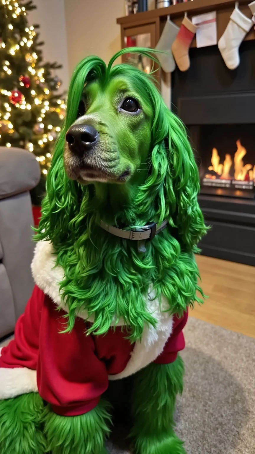 A realistic dog with vibrant green fur identical to the Grinch's, including dense, fibrous hair covering its body and even its snout. The dog is dressed in a festive red Santa outfit with white fluffy trim, sitting in a cozy living room. The space features a glowing Christmas tree adorned with ornaments, stockings on the fireplace, and warm ambient lighting. The fur texture is highly detailed, showing every strand, with a scruffy and slightly unruly look characteristic of the Grinch. Photorealistic and festive.
