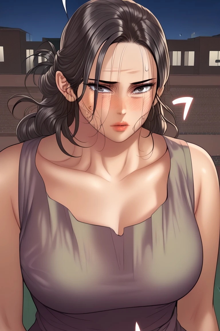 score_9, score_8_up, score_7_up, score_6_up, score_5_up, score_4_up, milf, black eyes, black hair, long hair, cuvy, huge breasts, mature woman,  1girl, long_hair, loose hair, extra long hair, blush, sweat, black eyes, lips, black hair, solo, dress, long dress, jewelry, bare shoulders, loose dress, night, city, outdoors, POV date, collarbone 