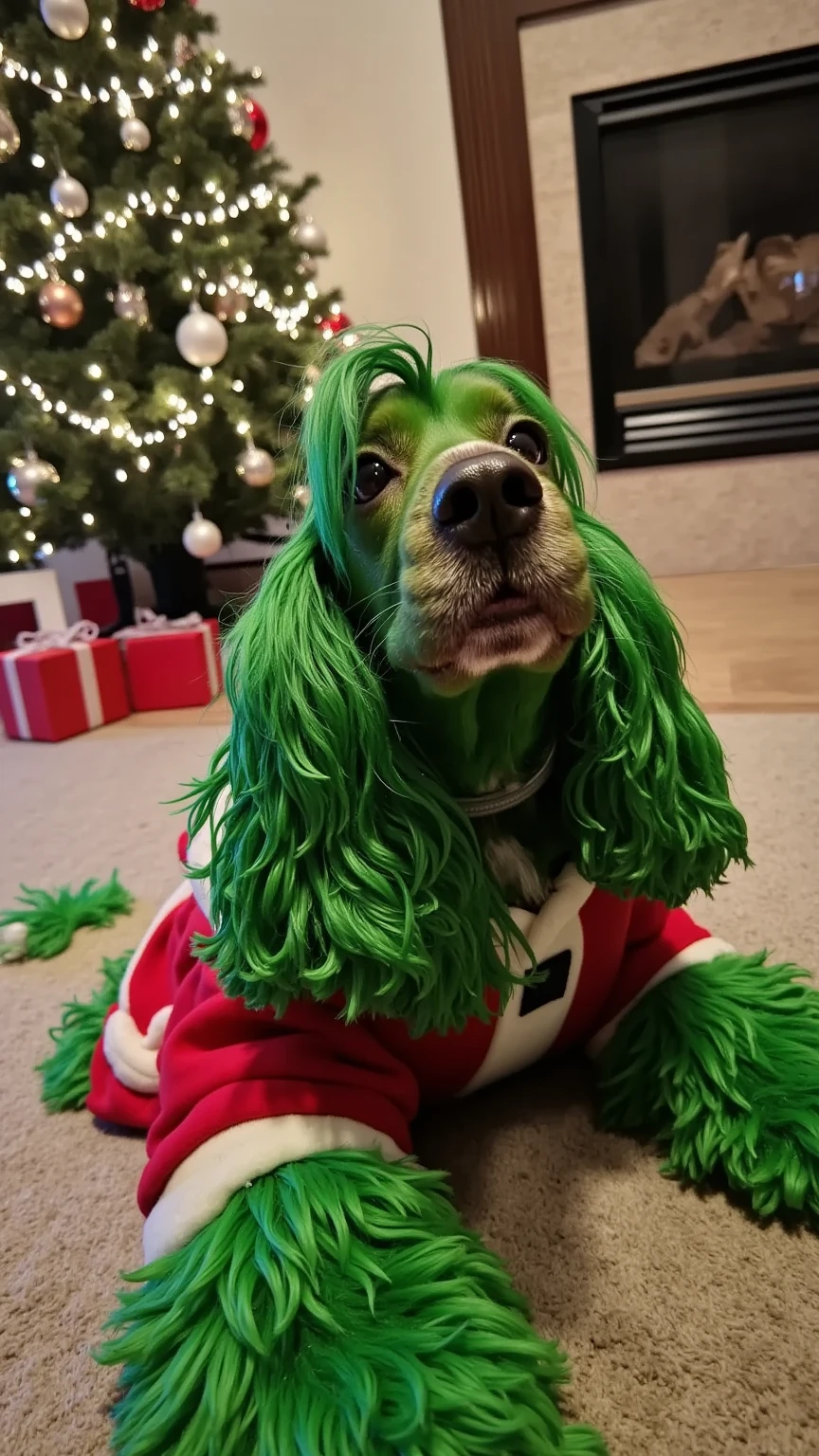 A cute, scruffy dog with vibrant green fur styled exactly like the Grinch's, including fibrous and fluffy strands on its snout and face. The dog is dressed in a festive red and white Santa jacket, sitting on a soft rug near a beautifully lit Christmas tree. The cozy room features holiday decor like garlands, wrapped gifts, and a fireplace. The fur texture is hyper-detailed and lifelike, resembling the Grinch’s signature fuzzy appearance. The scene is cinematic and cheerful.
