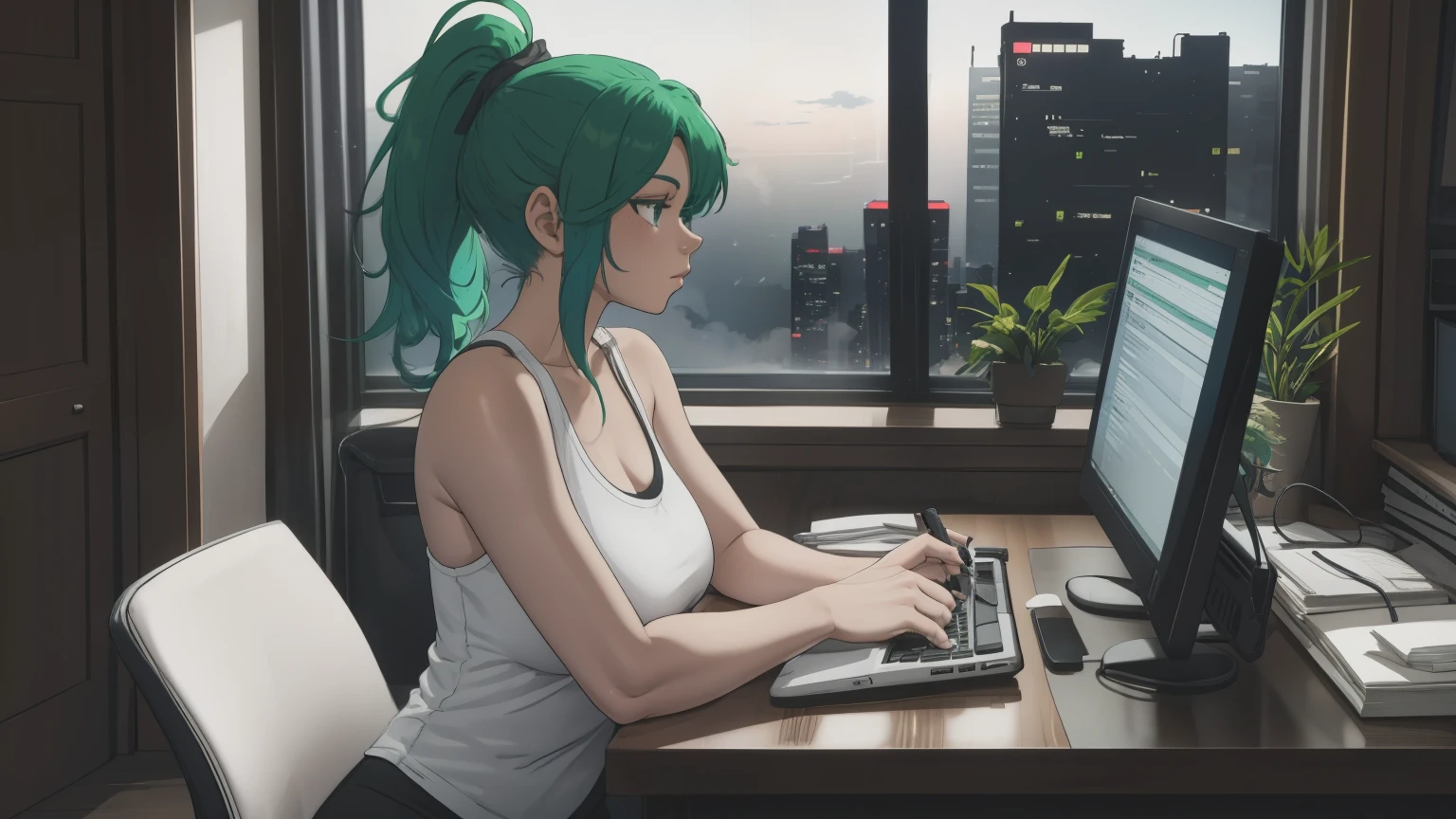 "A woman with green hair tied in a ponytail is sitting in front of a computer screen, deeply focused on coding. The camera angle captures her from the side, showcasing her white tank top and black leggings. The desk is tidy, holding a steaming cup of coffee next to the keyboard, while a few organized items, such as notebooks and a pen holder, rest nearby. The background reveals a large window with a nighttime cityscape, illuminated by a soft moonlight glow and scattered stars. A slight breeze flows through the sheer curtains, adding movement to the scene. The room's warm lighting contrasts beautifully with the cool tones of the night outside. Her posture is relaxed yet engaged, highlighting her dedication to her work."