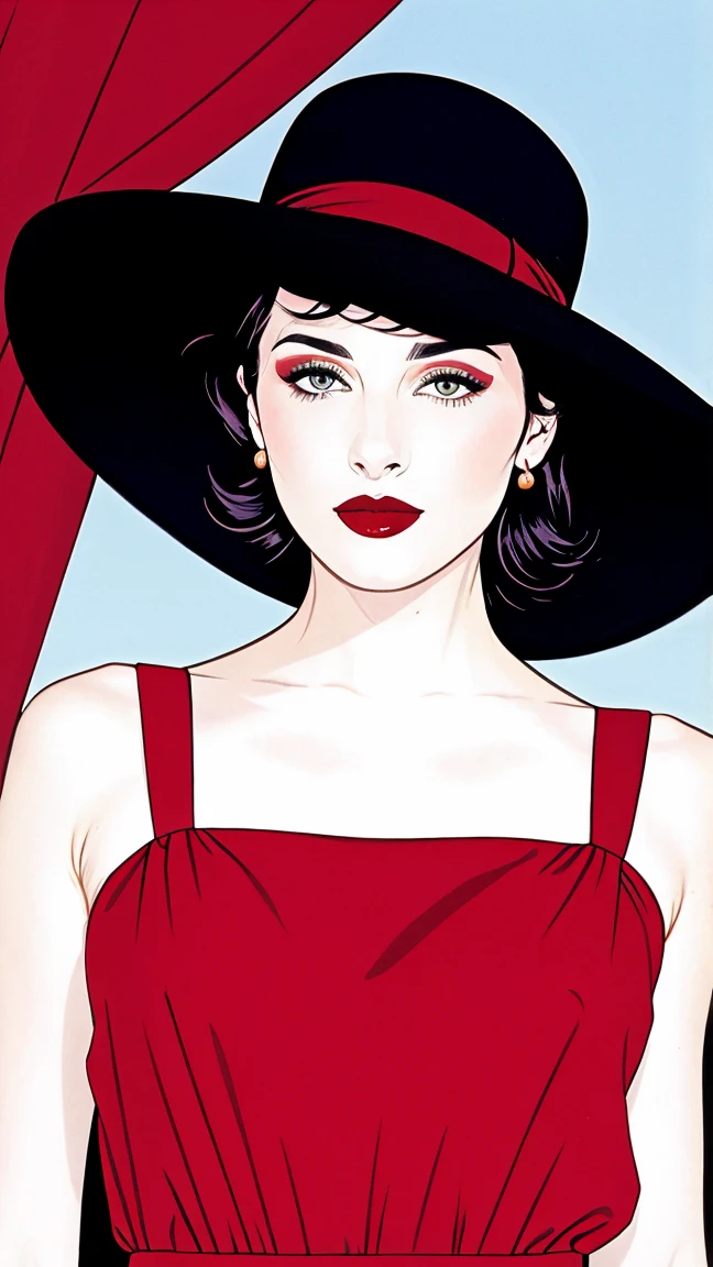  a breathtaking masterpiece of a woman standing gracefully in a long, flowing red dress. The dress is detailed and elegant, featuring a modest neckline that enhances her beauty while maintaining an air of sophistication. She wears a wide-brimmed black hat, adding to her charm. Her makeup includes glamorous white lipstick that complements her pale complexion. Surround her with a magical background filled with vibrant flowers, creating a natural and enchanting atmosphere. The artwork should reflect the style of Patrick Nagel, showcasing highly detailed features, including her expressive eyes and delicate facial structure, along with a soft smile that evokes breathtaking beauty inspired by the 1940s. Aim for a high-quality, award-winning look with a focus on realism and beauty, presented in 8K resolution.