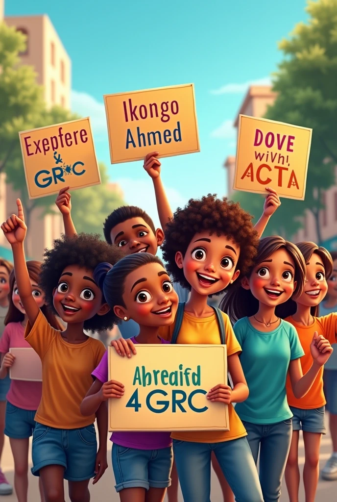 Generate a pictures of girls and boys holding a placard with words. IKONGO AHMED 4 GRC