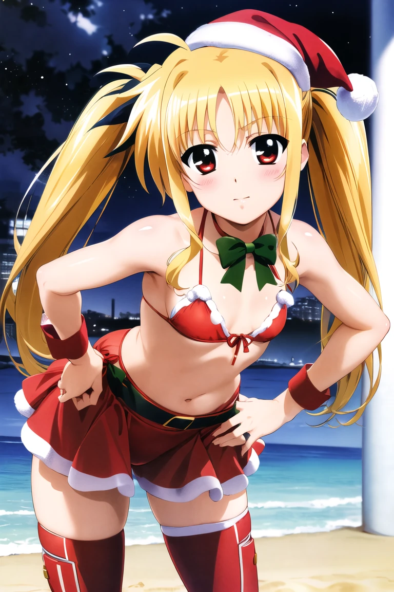 Fate Testarossa,megami magazine,long hair,blonde hair,twintails,hair ribbons,black ribbons,red eyes,small breasts,
((santa,(santa swimwear:1.3),red swimwear,(zettai ryouiki:1.3),navel,frilled skirt,cuffs,santa hat,bow tie)),
1loli,(is embarrassing,big blush,closed mouth:1.0),
((leaning forward,hand on hip:1.2)),
(night city,snow:1.0),clothed