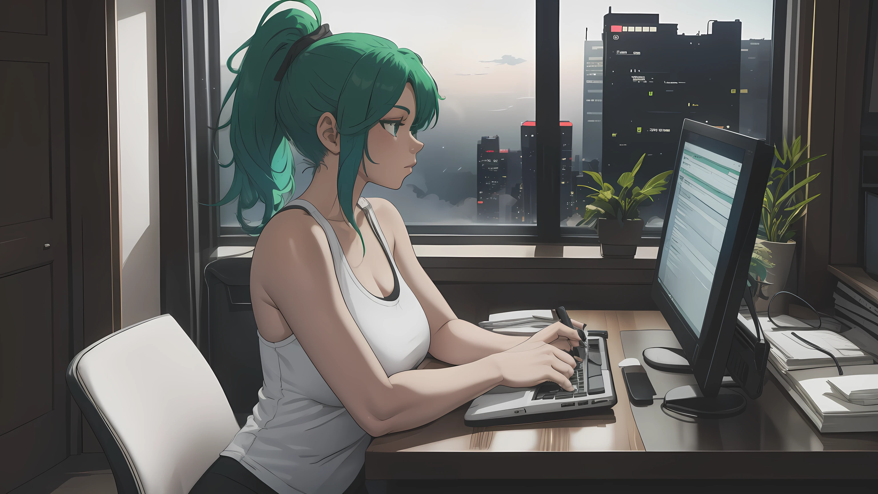 "A woman with green hair tied in a ponytail is sitting in front of a computer screen, deeply focused on coding. The camera angle captures her from the side, showcasing her white tank top and black leggings. The desk is tidy, holding a steaming cup of coffee next to the keyboard, while a few organized items, such as notebooks and a pen holder, rest nearby. The background reveals a large window with a nighttime cityscape, illuminated by a soft moonlight glow and scattered stars. A slight breeze flows through the sheer curtains, adding movement to the scene. The room's warm lighting contrasts beautifully with the cool tones of the night outside. Her posture is relaxed yet engaged, highlighting her dedication to her work."