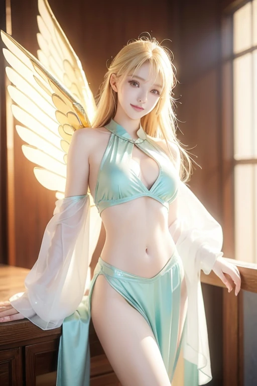 ophanimon,Blonde Hair, mint eyes, laugh,masterpiece, best quality, in detail,cute (big breasts), (split), whole body, gold Angel Wings, Best image quality、masterpiece、8k、Anime Face、A kind smile、 beautiful body 、Cowboy Shot,sexy、Very detailed、highest quality, (((sexy cloth)))