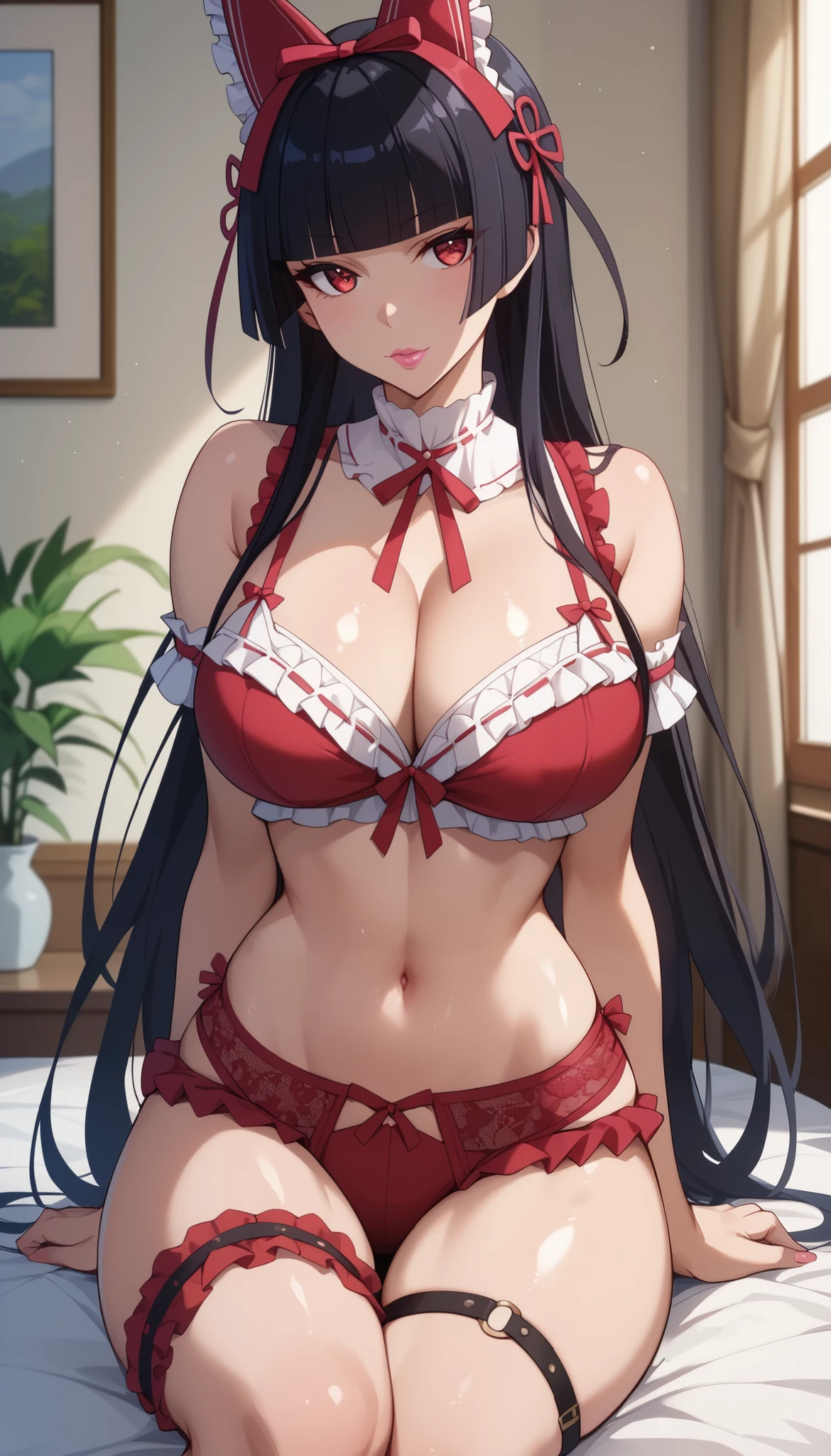  perfect eyes、 perfectly sexy face、 ultra detailed lingerie top、ultra perfect eyes、Rory Mercury、Gate Jieitai Kanochi Nite、 long hair,  black hair,  Red Eyes, fringe, blunt fringe, hime cut,  pink lips , little woman、 shiny hair 、( Big breasts ), showing cleavage、 tight waist 、 fine winding、 Thigh straps 、 shiny skin、Beleza、erotic、 looking at the viewer、