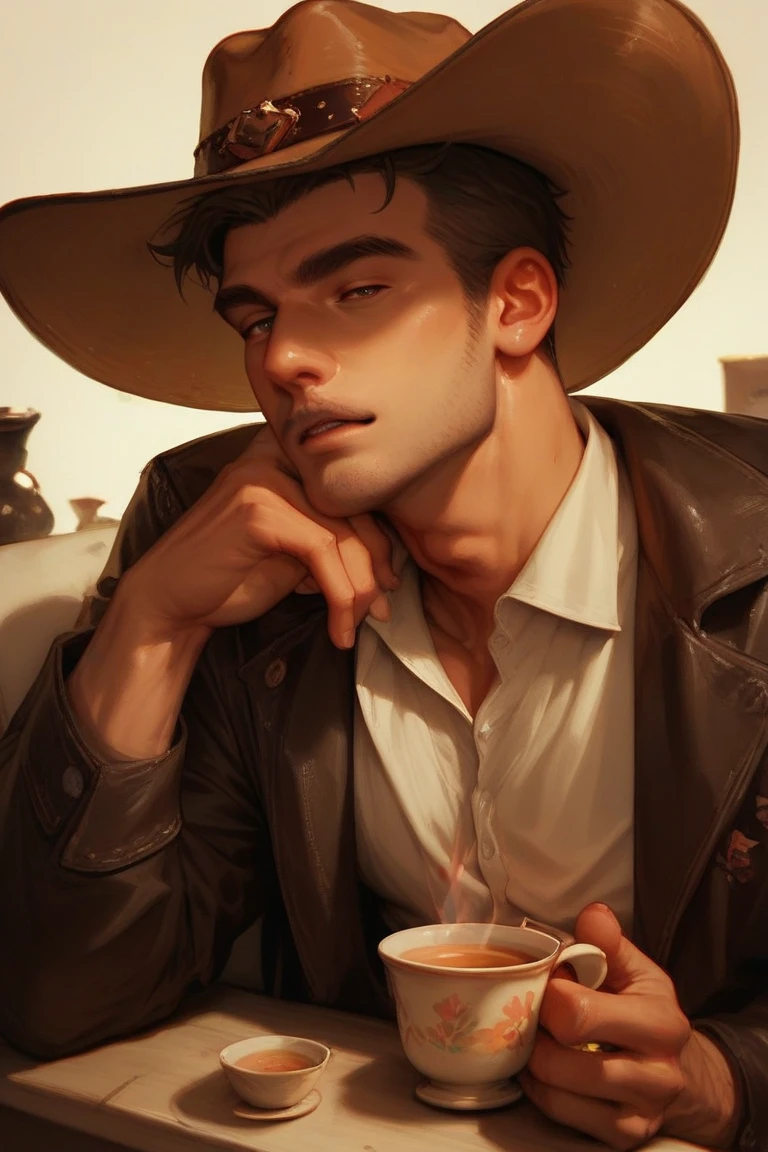 Steamy head man in cowboy hat sits sipping tea