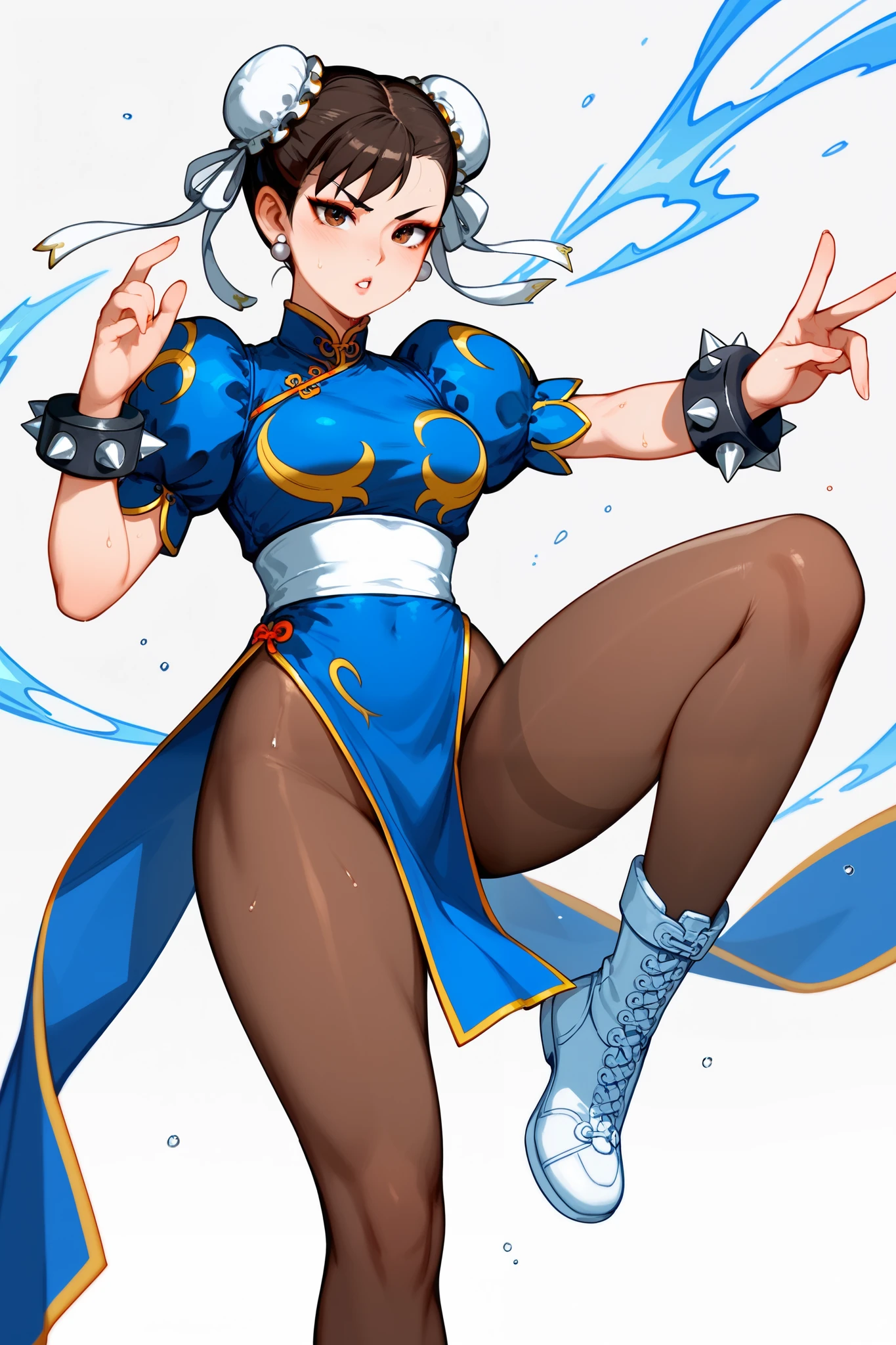 Very slim female fighter,  slim legs .　CHUNLISF, brown eyes, double bun, bun cover, qipao, spiked bracelet, pantyhose,blue pelvic curtain,hand,Combat Stance、sweat、anxiety、 shortness of breath、stable_Yogis_Animetoon_Negatives