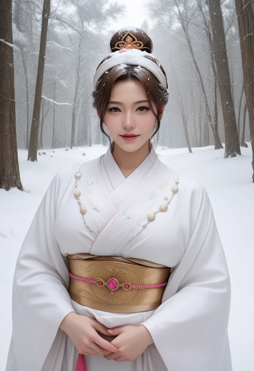 A one-year-old baby boy in pink ancient Korean baby costume with his beautiful mother, dressed in an ancient Korean costume, In a forest where there was only white snow everywhere. The trees were still covered in white snow. A very strong blizzard, playing with each other, with his handsome father standing next to his mother, close up