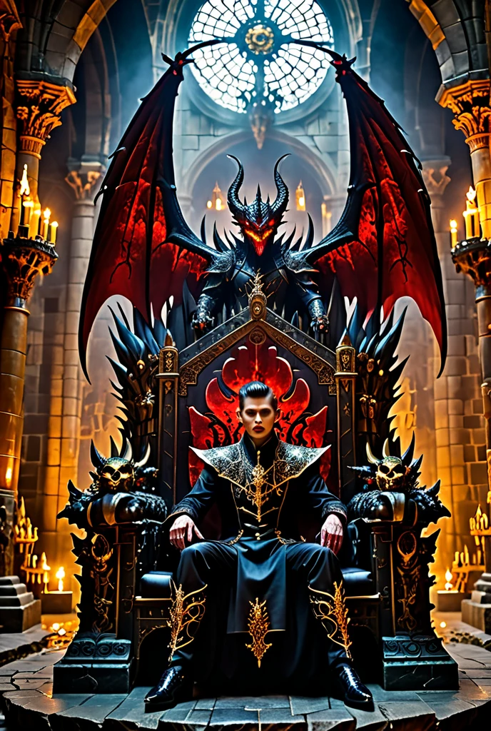 A dark and cruel-looking man with glowing red eyes and a large black wing, seated on a grand golden throne in a medieval castle. The golden throne is massive and adorned with sharp, menacing details like spikes, skull motifs, and intricate carvings of dragons and demons. The boy wears a sharp black suit with a flowing crimson red overcoat, both embroidered with sinister, intricate patterns. His expression is cold, villainous, and exudes an aura of malice and supreme authority. Around him, towering piles of glowing gold coins signify his immense wealth and power. The castle setting features towering stone walls, jagged cracked windows, and flickering torches casting ominous shadows. The blood-red sky looms outside, visible through the broken arched windows. The entire scene is dark, dramatic, and filled with a sense of malevolent dominance and gothic grandeur.