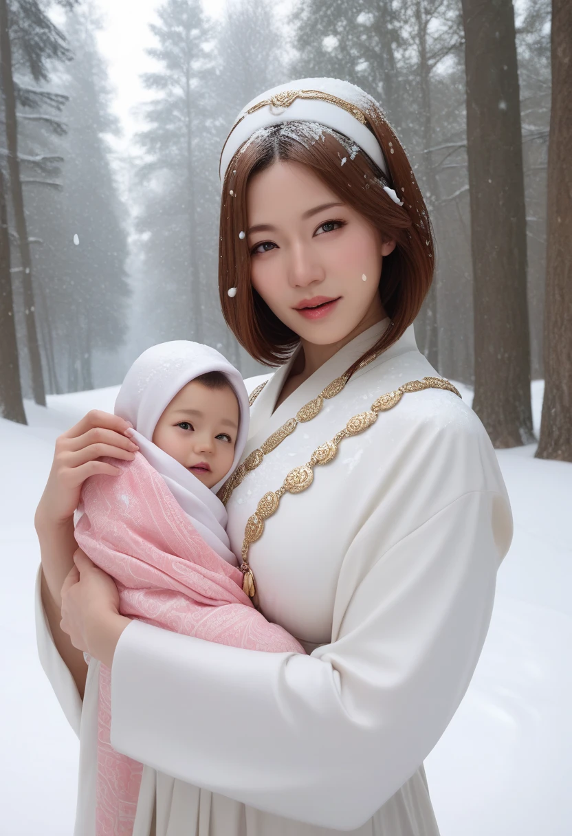 A one-year-old baby boy in pink ancient Korean baby costume with his beautiful mother, dressed in an ancient Korean costume, In a forest where there was only white snow everywhere. The trees were still covered in white snow. A very strong blizzard, playing with each other, with his handsome father standing next to his mother, close up