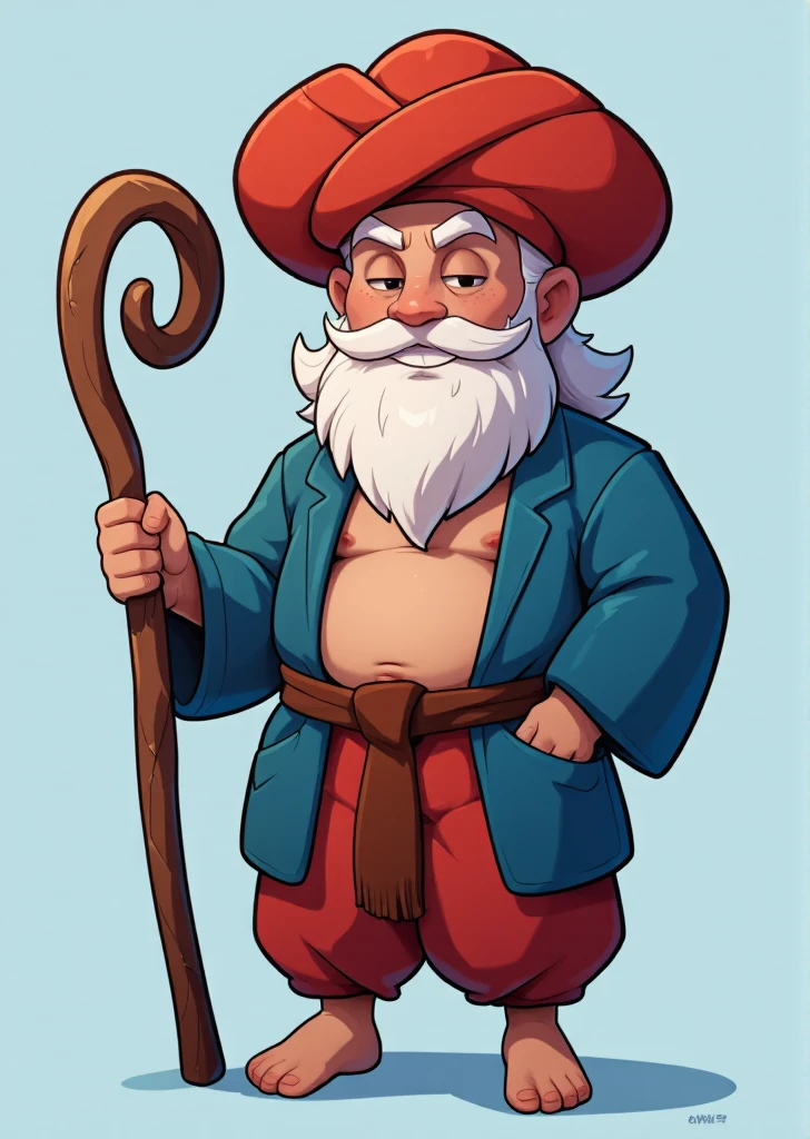 Create a fun fairy tale character design inspired by an old wise man. He is cheerful and chubby, with a large round Middle Eastern turban. His face has a bushy white beard and a friendly smile. Dress him in a loose blue robe and a brown sash belt paired with a bright red shalwar. He holds a rustic wooden walking stick. 