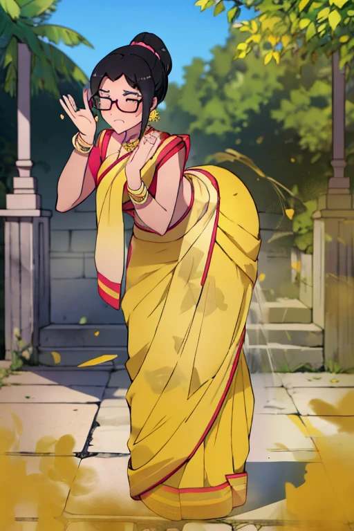 High-resolution, solo,1girl, emrald eyes, Ponytail black hair, hair bang, short hair, yellow and pink saree, wearing round shaped spectacles, fit body, dark skin, blush, one eye close, one closed eye, embarrassed, clenching teeth, bend over, fart, farting, massive fart, alone in garden