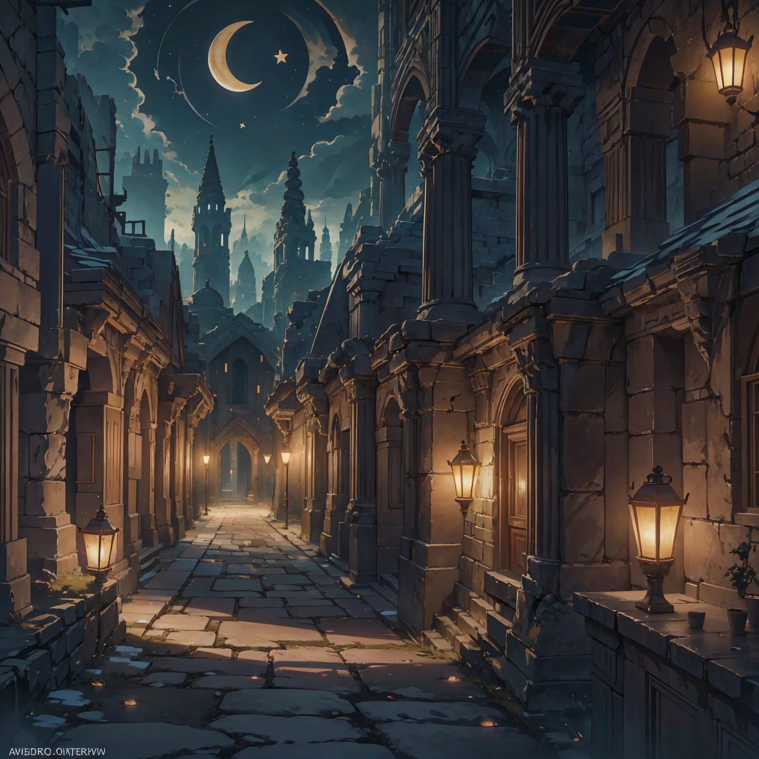 a crescent moon in the night sky of a completely dark ancient Greek city from the 1st century AD, detailed architecture, old stone buildings, cobblestone streets, lanterns glowing, stars twinkling, atmospheric lighting, dramatic chiaroscuro, photorealistic, cinematic, muted color palette, moody