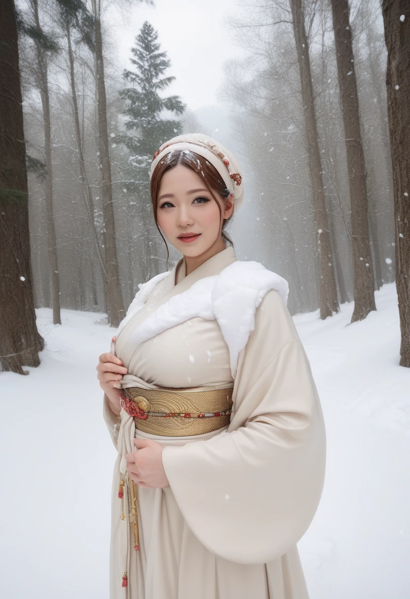 A one-year-old baby boy in pink ancient Korean baby costume with his beautiful mother, dressed in an ancient Korean costume, In a forest where there was only white snow everywhere. The trees were still covered in white snow. A very strong blizzard, playing with each other, with his handsome father standing next to his mother, close up