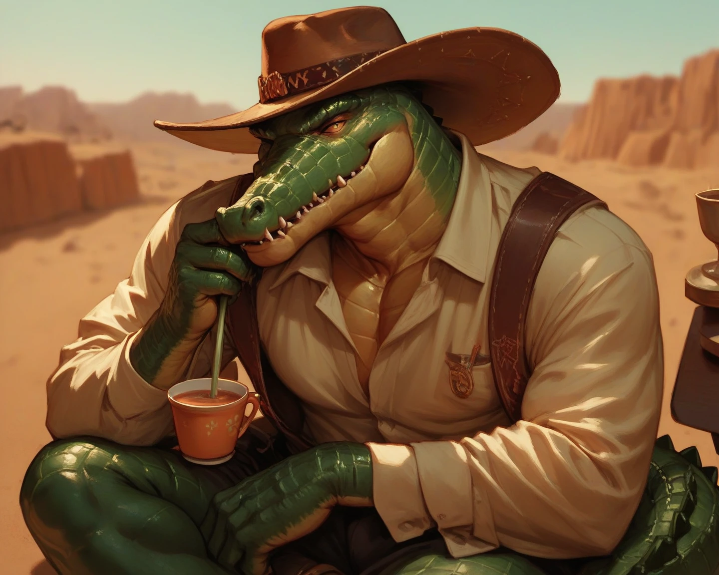 Crocodile head man wearing cowboy hat sitting sipping tea on desert background