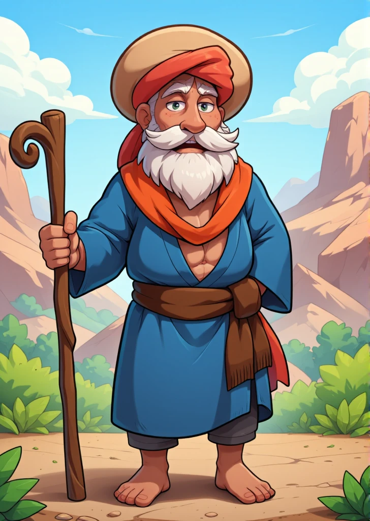 Create a fun fairy tale character design inspired by an old wise man. He is cheerful and chubby, with a large round Middle Eastern turban. His face has a bushy white beard and a friendly smile. Dress him in a loose blue robe and a brown sash belt paired with a bright red shalwar. He holds a rustic wooden walking stick. 