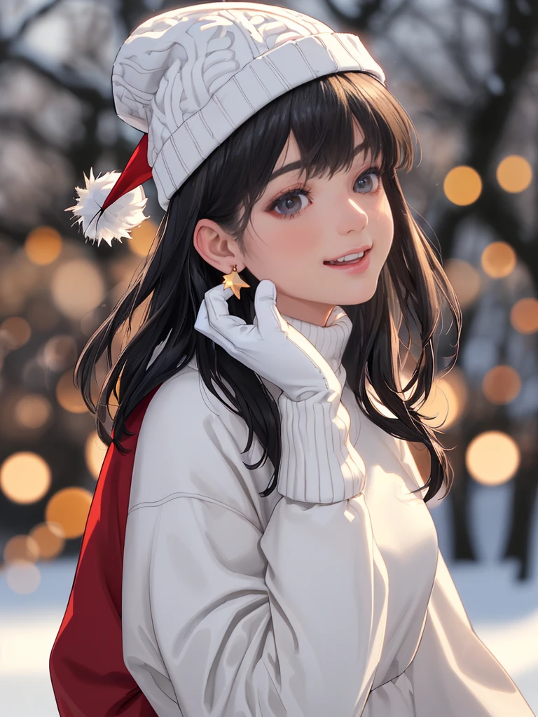 masterpiece, ultra-detailed, best quality, very aesthetic, beautiful eyes, absurdres, 8k, 4K, best quality eyes, streets of europe, streaked hair, black hair, black eyes, decorated christmas tree, white yarn gloves, small_breasts,
straight_hair, realistic skin texture, black knitted hat, autumn leaves, depth of field, bokeh, christmas markets, down jacket, fur, eyeshadow, red, white, soft light, soft focus filter, snow, 200mm focal length, telephoto lens, oval face, tree branches piled up with snow, backlight, a well-aligned bangs, 
laughing, f1.6 lens, cowichan sweater, looking_away, star-shaped earrings, realism, 