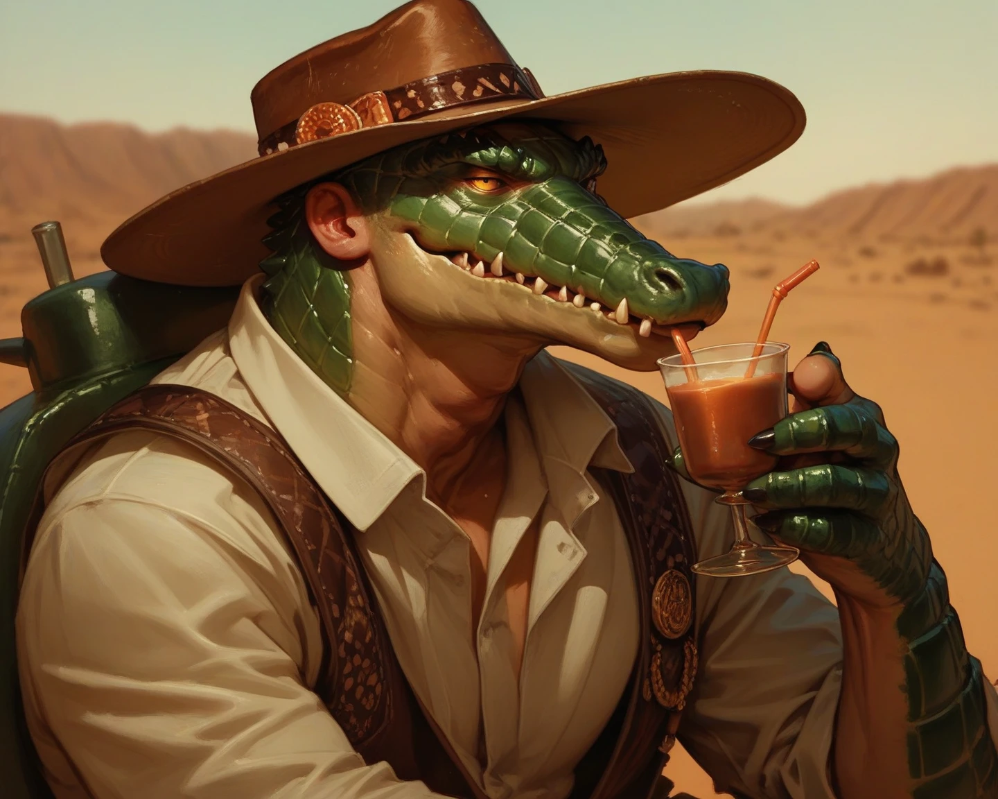 Crocodile head man wearing formula and cowboy hat sitting sipping tea on desert background