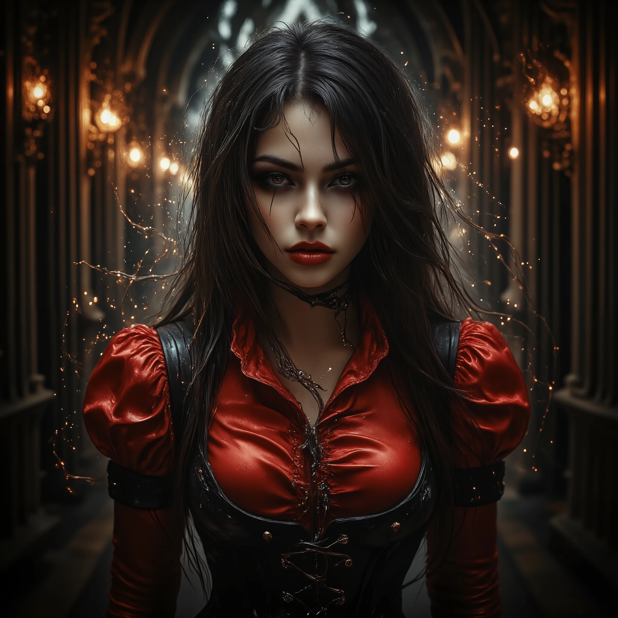 Super Detailed, gorgeous woman, dark hair, wearing red satin collared shirt, long sleeves, tight corset, latex pants, looking at viewer, sensual expression, fierce look, perfect make-up, cannon 6d, octane render, striking, expressive look, (smiling:1.3), alluring look, determined look, strong eyeliner, mesmerizing eyes, elegant, graceful, natural beauty, magnetic, charismatic, versatile, photogenic, backlit, Notre Dame Cathedral, Middle Ages Era Cathedral, illuminaty, secret society, stoned artifacts of Jesus Christ crucified, dark fantasy, night, candlelight