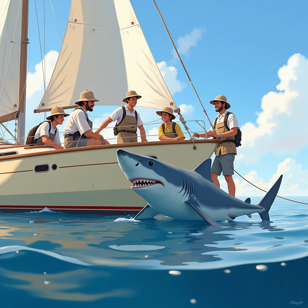 General shot of a smiling shark next to a sailboat, people and ren dressed in fishing clothes greet the shark, The sailboat is cream-colored ,  with a red stripe on the top of the bow, , alta definición, Sunny day, calm sea,
